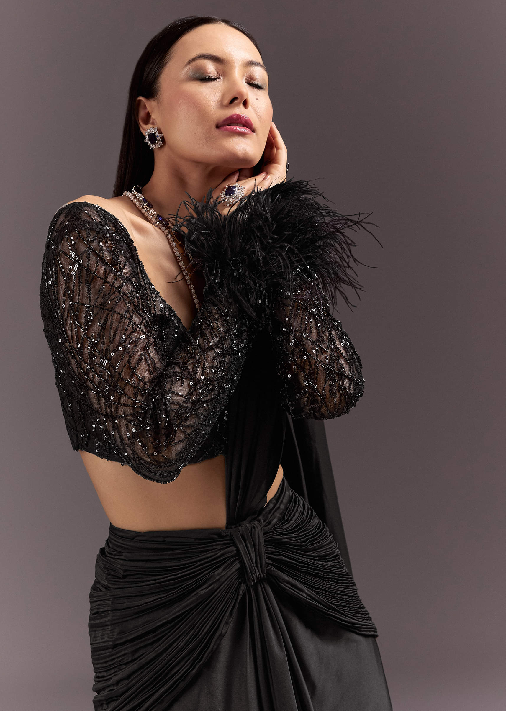 Black 3D Patchwork Cutdana Drape Saree With Sleeveless Overlap Blouse - Image 3
