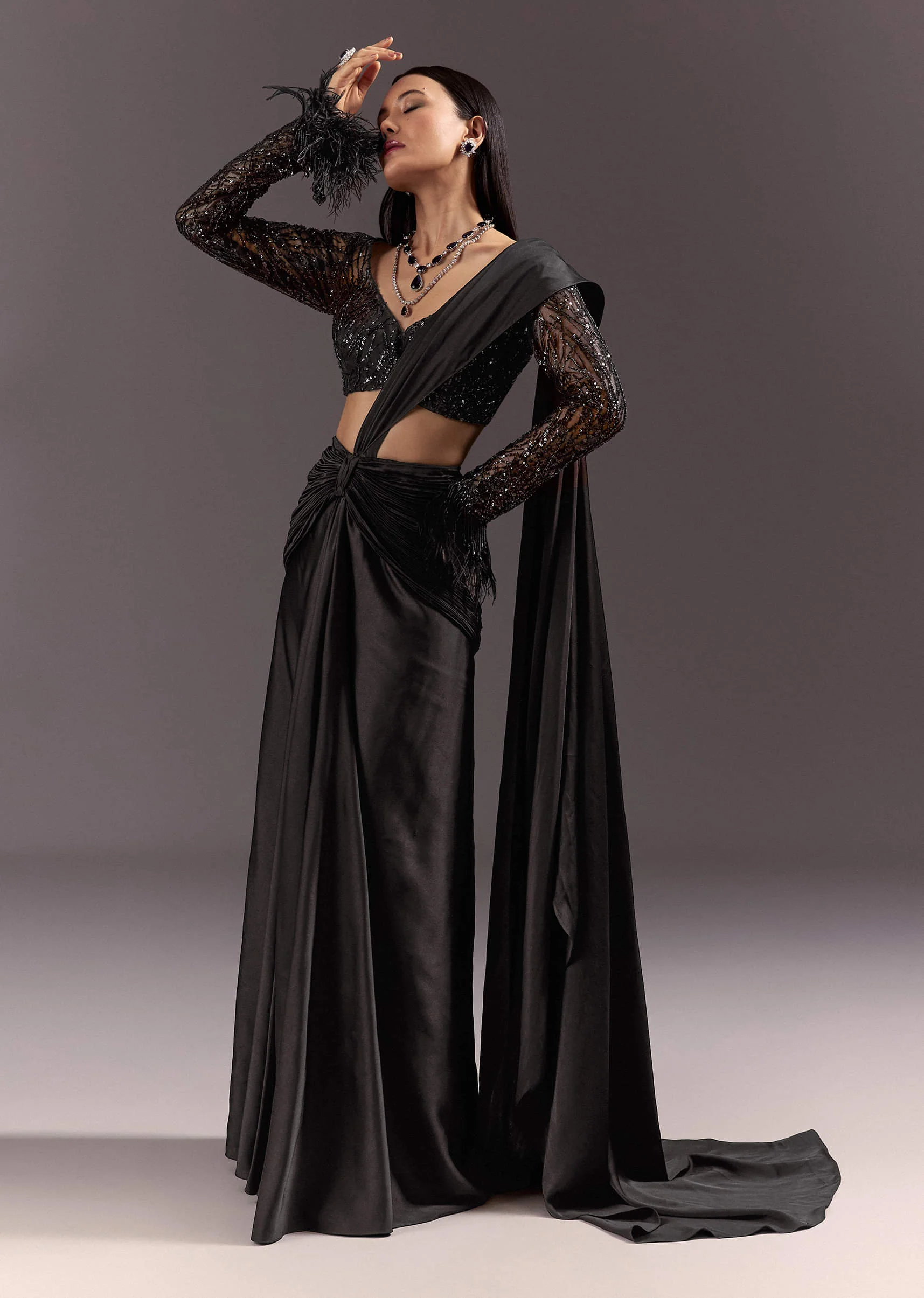 Black 3D Patchwork Cutdana Drape Saree With Sleeveless Overlap Blouse - Image 4