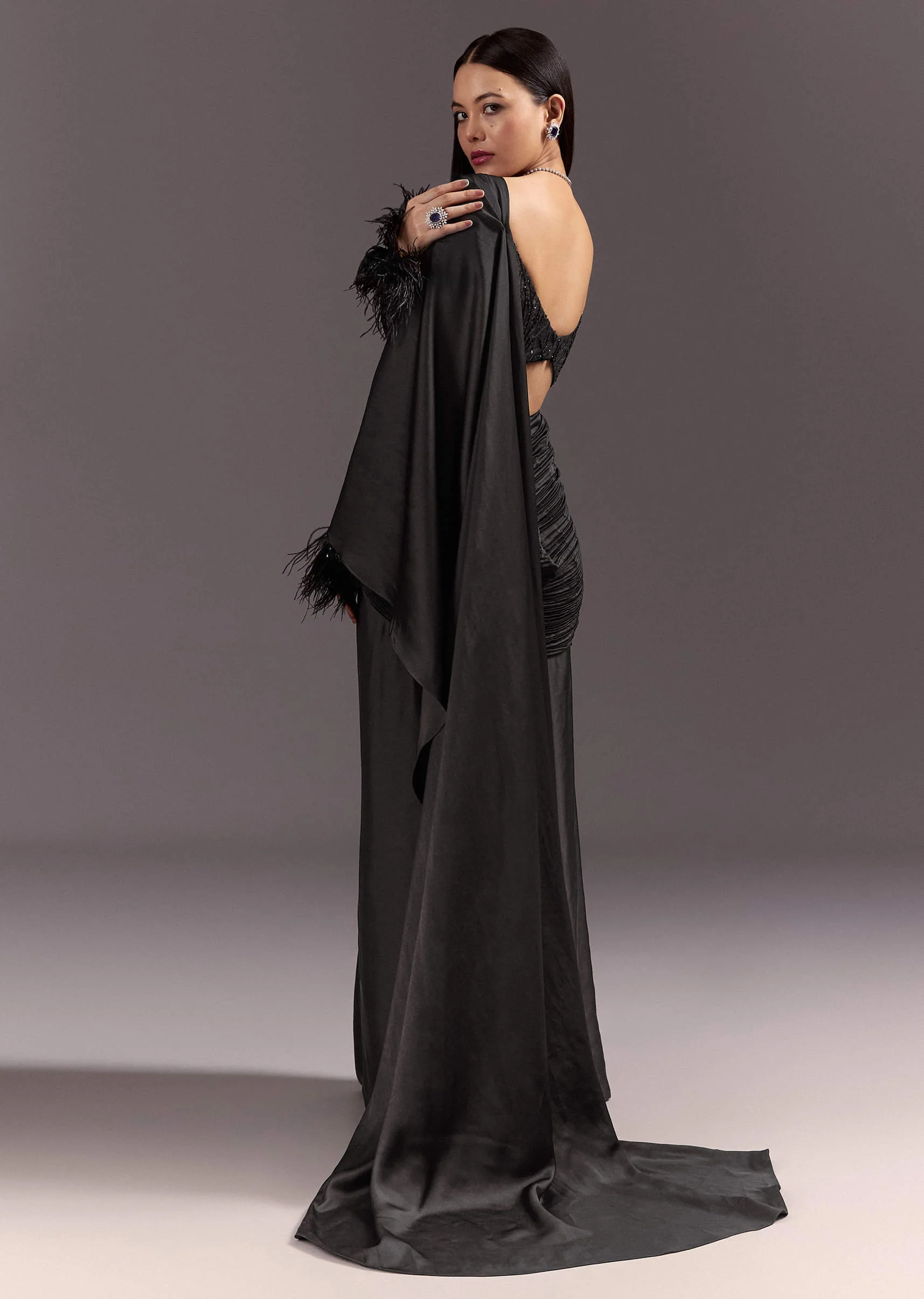 Black 3D Patchwork Cutdana Drape Saree With Sleeveless Overlap Blouse - Image 5
