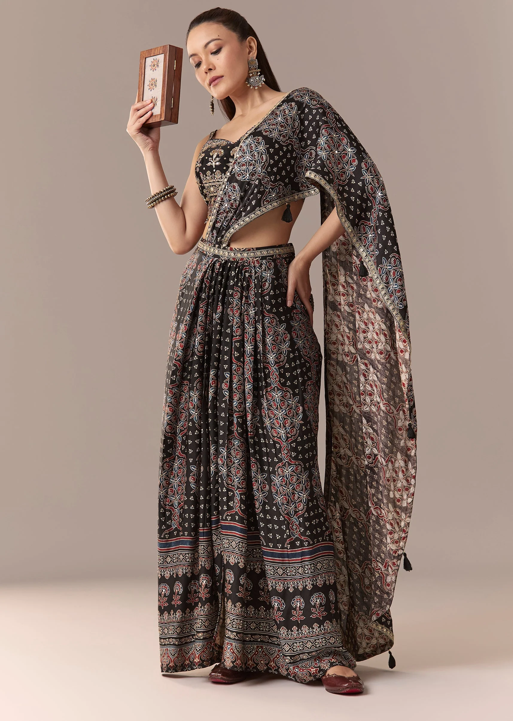 Black Ajrakh Pre Draped Saree Set With Mirror Work Blouse