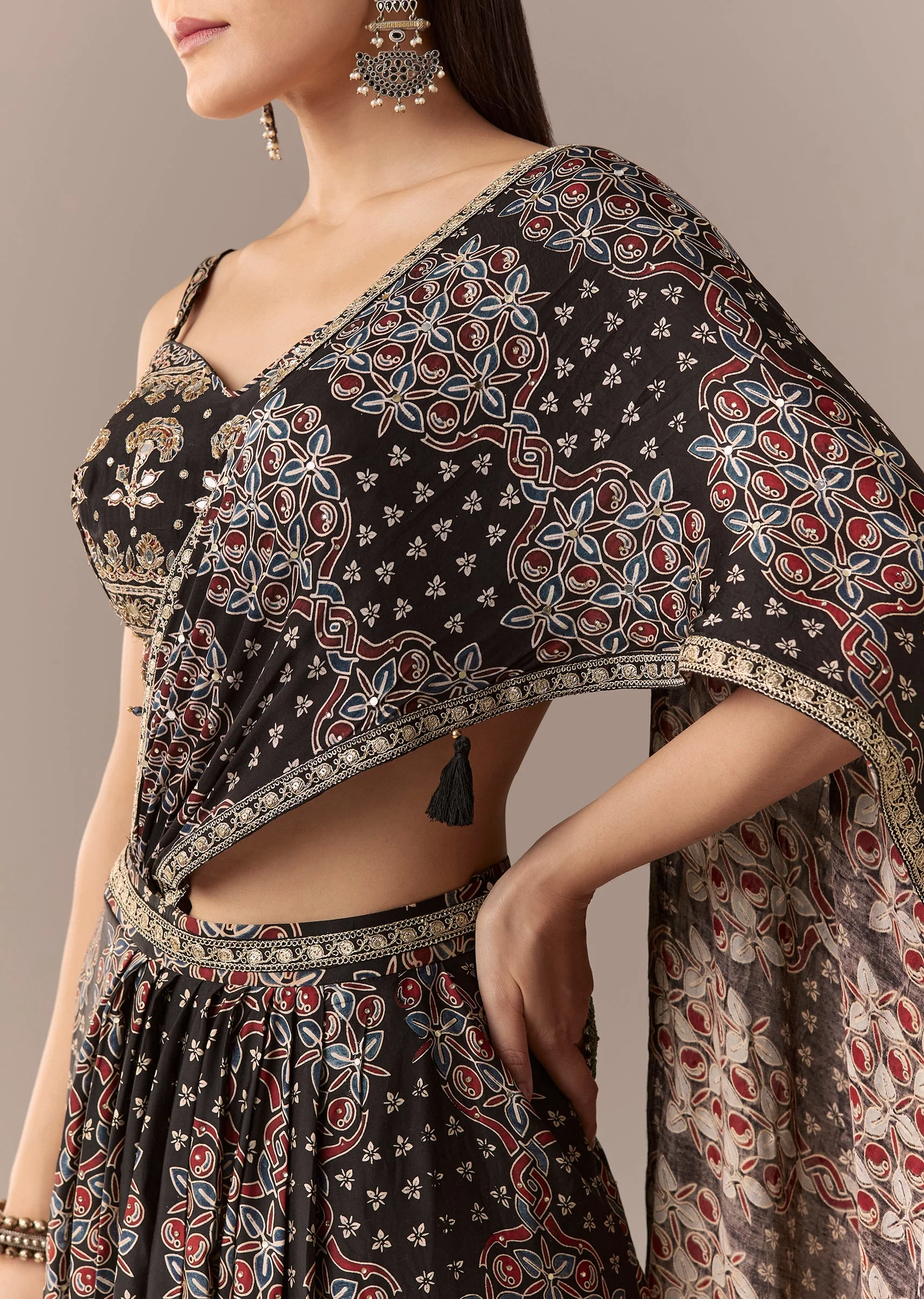 Black Ajrakh Pre Draped Saree Set With Mirror Work Blouse - Image 2