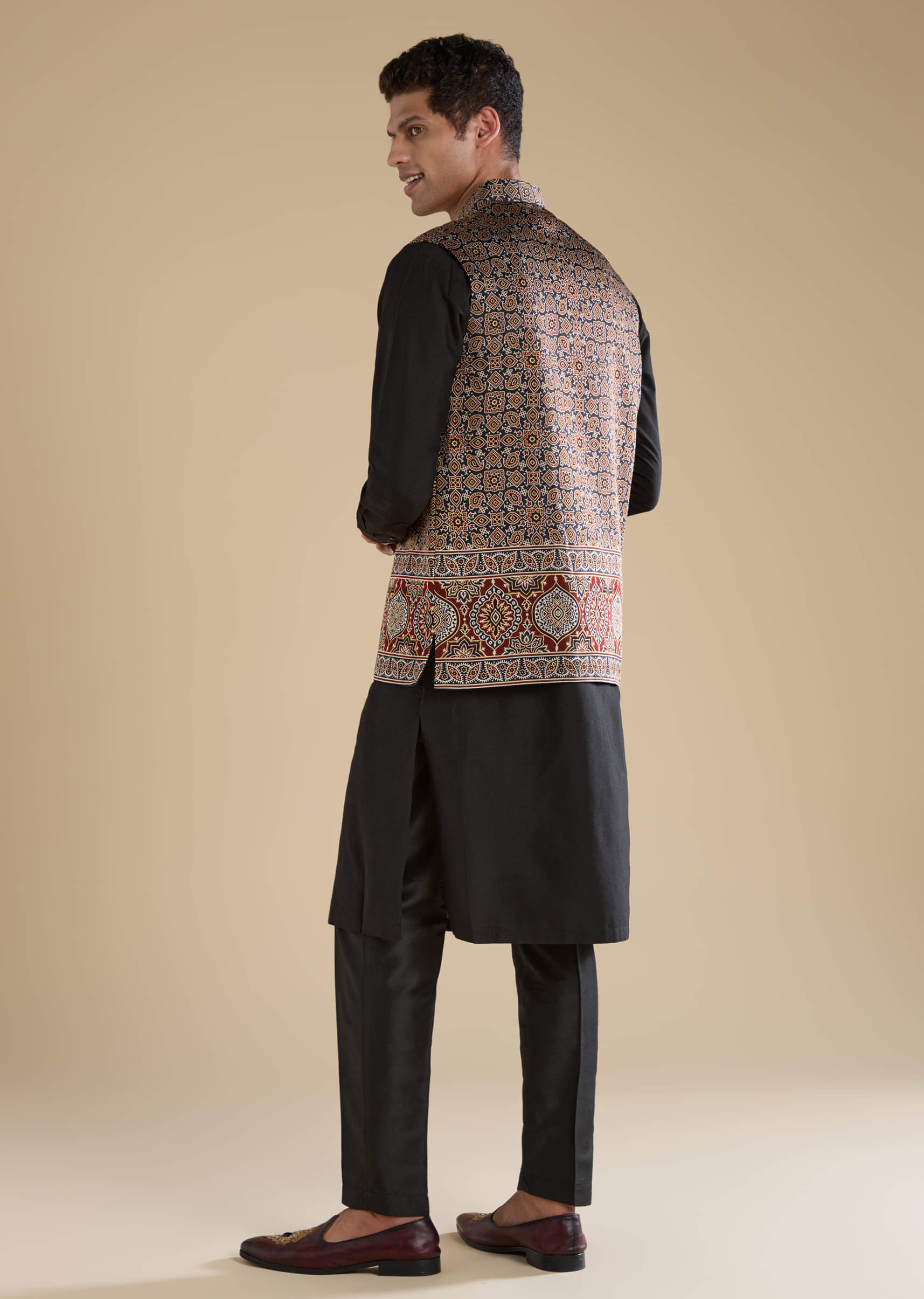 Black Ajrakh Print Mens Jacket Kurta and Pant Set - Image 5