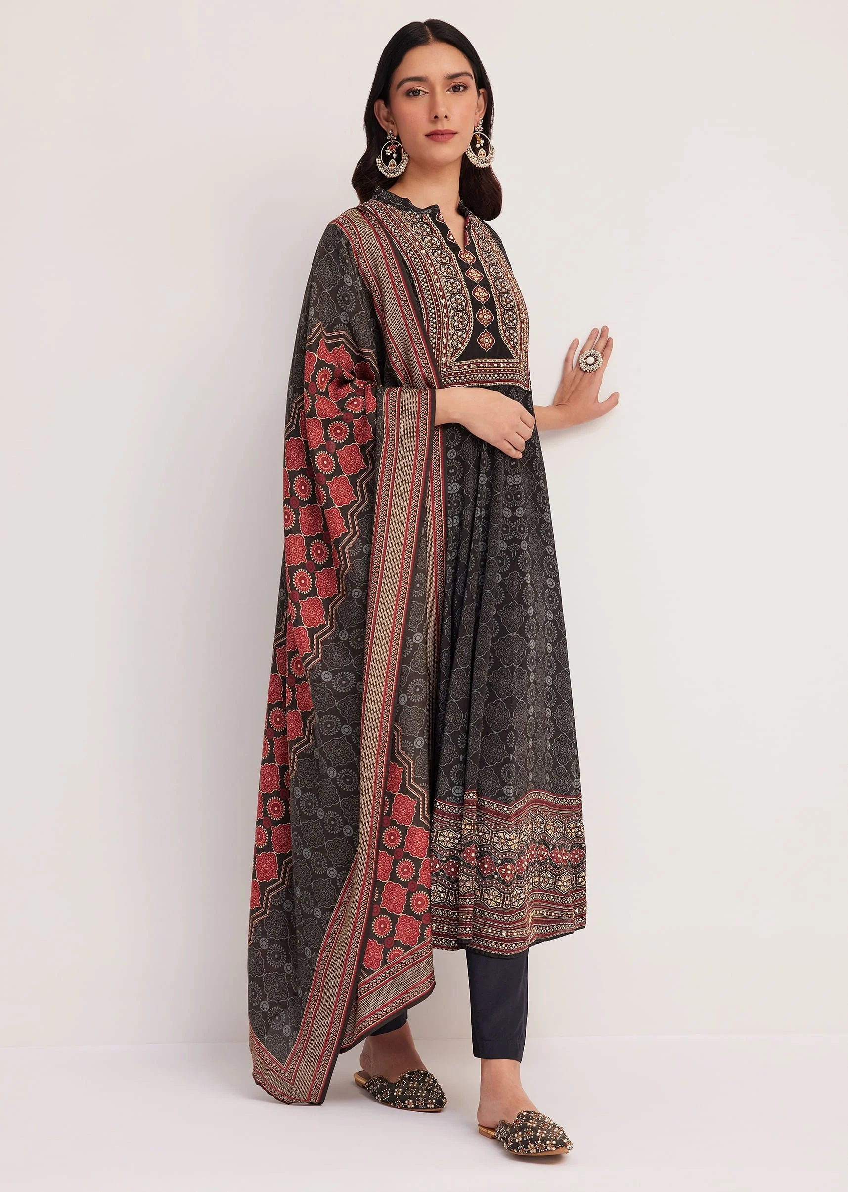 Black Ajrakh Printed Anarkali Set With Dupatta - Image 3