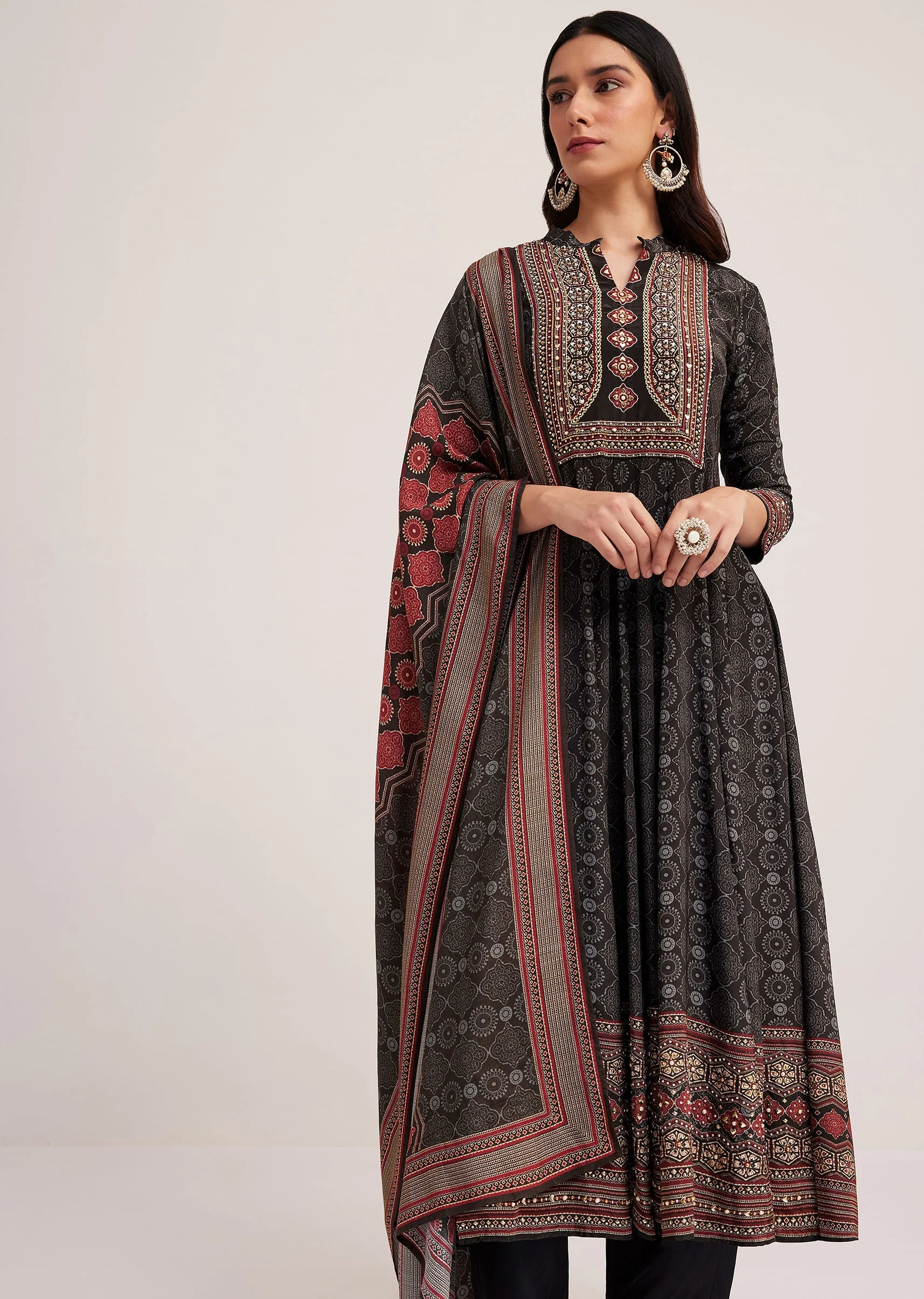 Black Ajrakh Printed Anarkali Set With Dupatta - Image 4