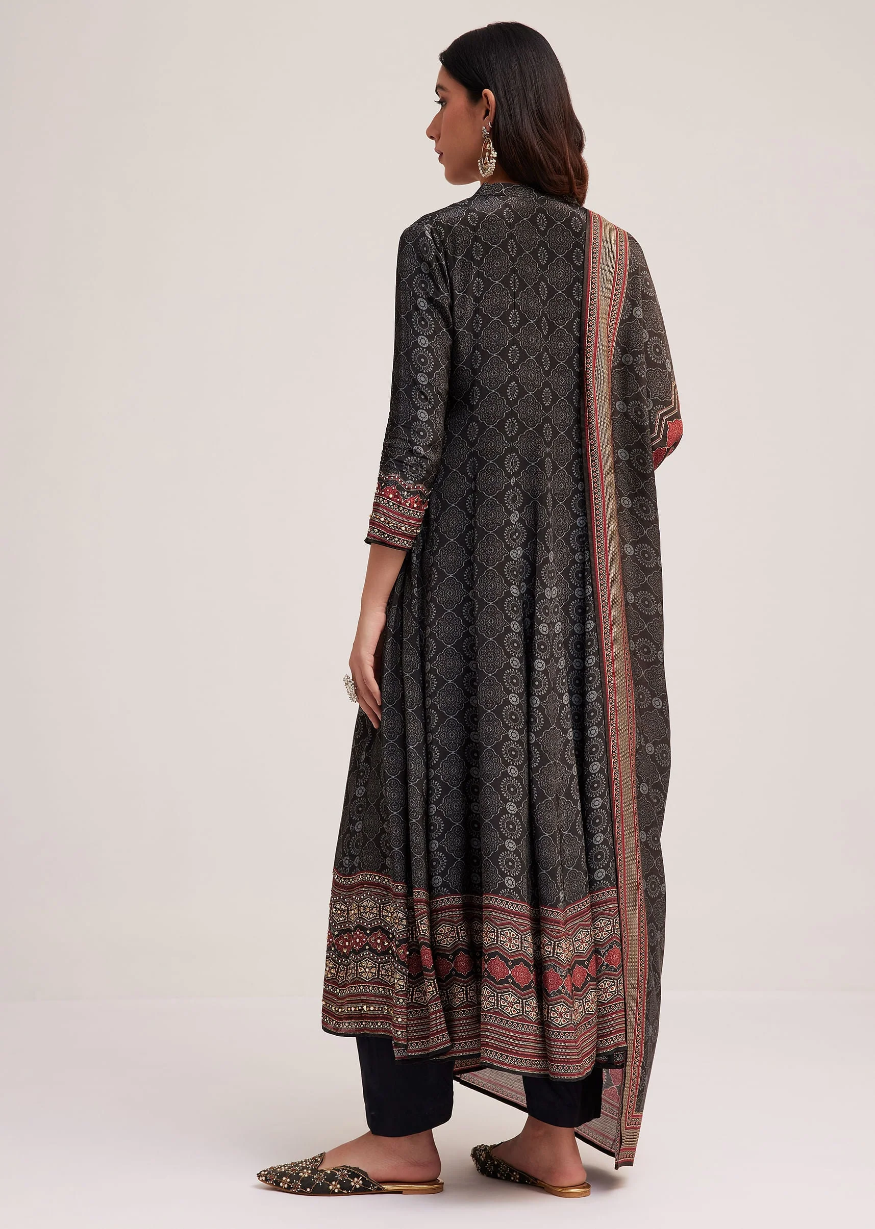 Black Ajrakh Printed Anarkali Set With Dupatta - Image 5