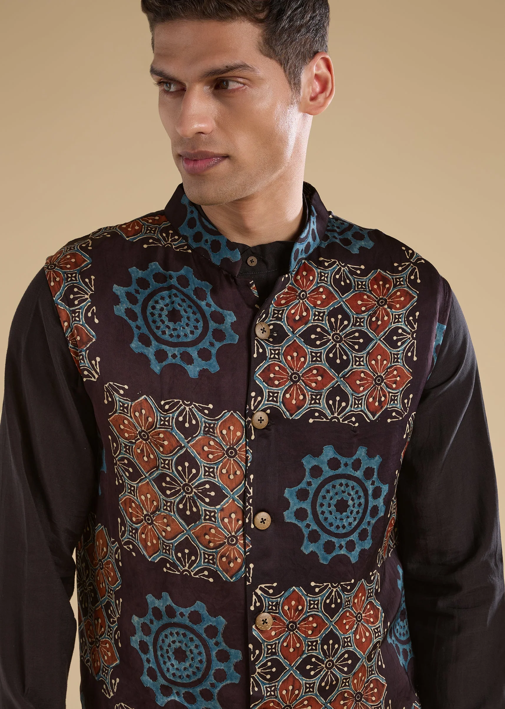 Black Ajrakh Printed Kurta Jacket Set - Image 2