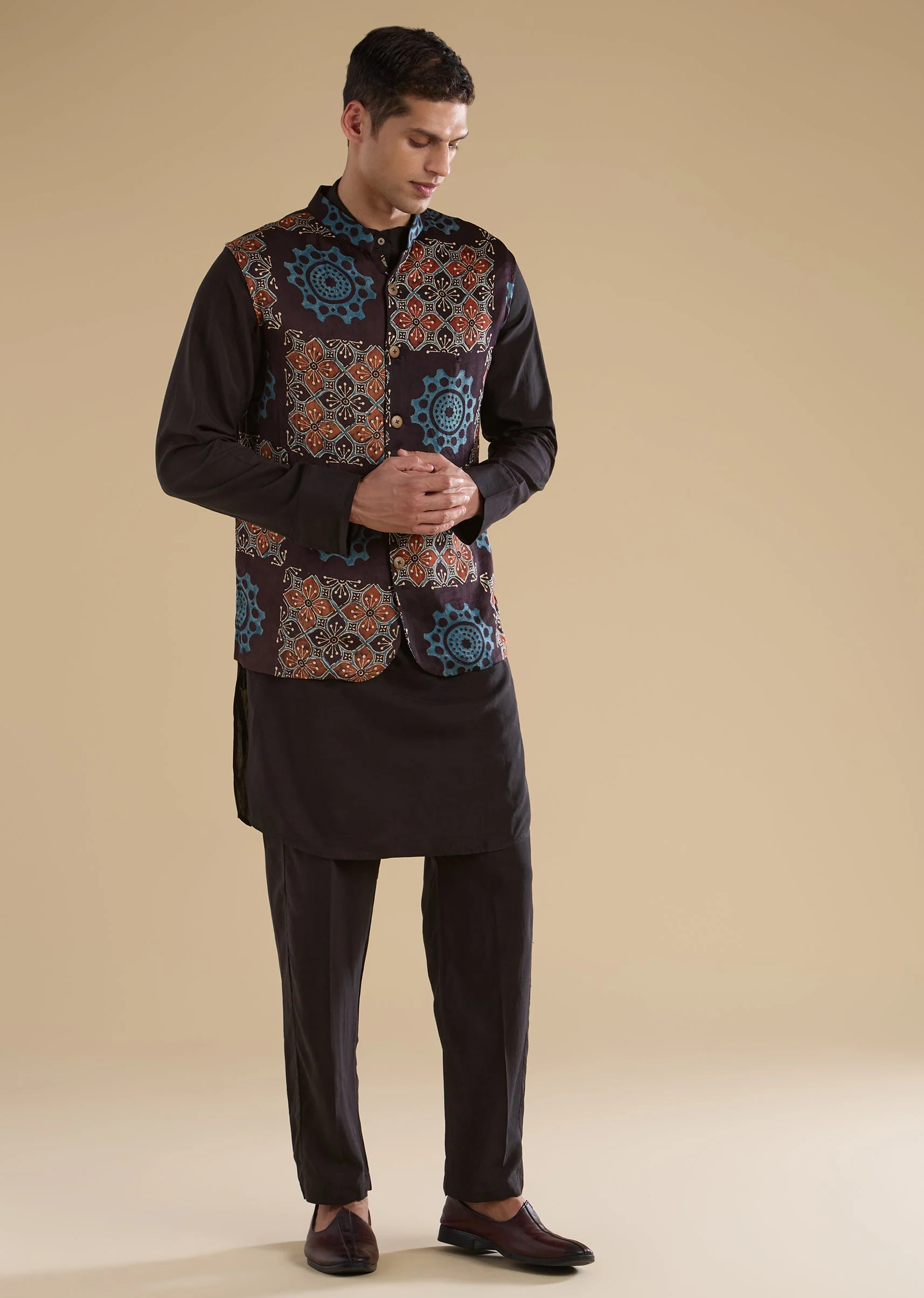 Black Ajrakh Printed Kurta Jacket Set - Image 3