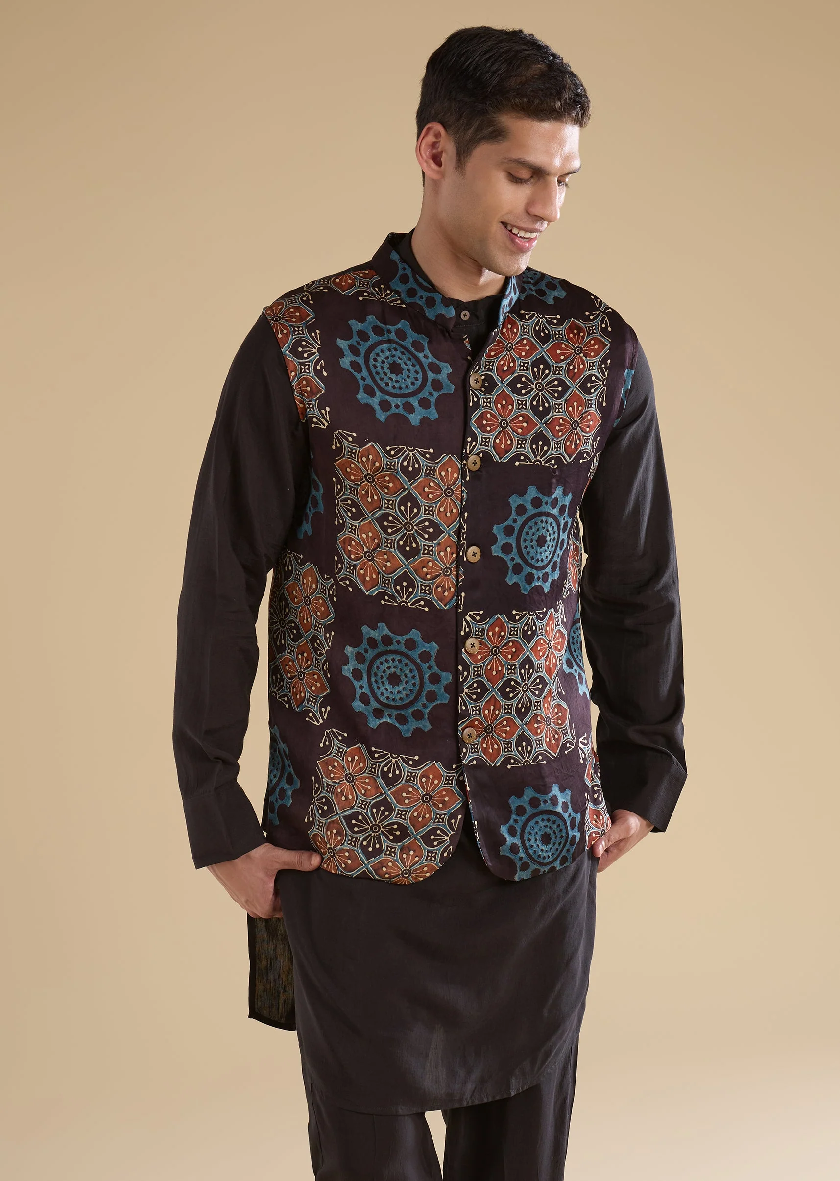 Black Ajrakh Printed Kurta Jacket Set - Image 4