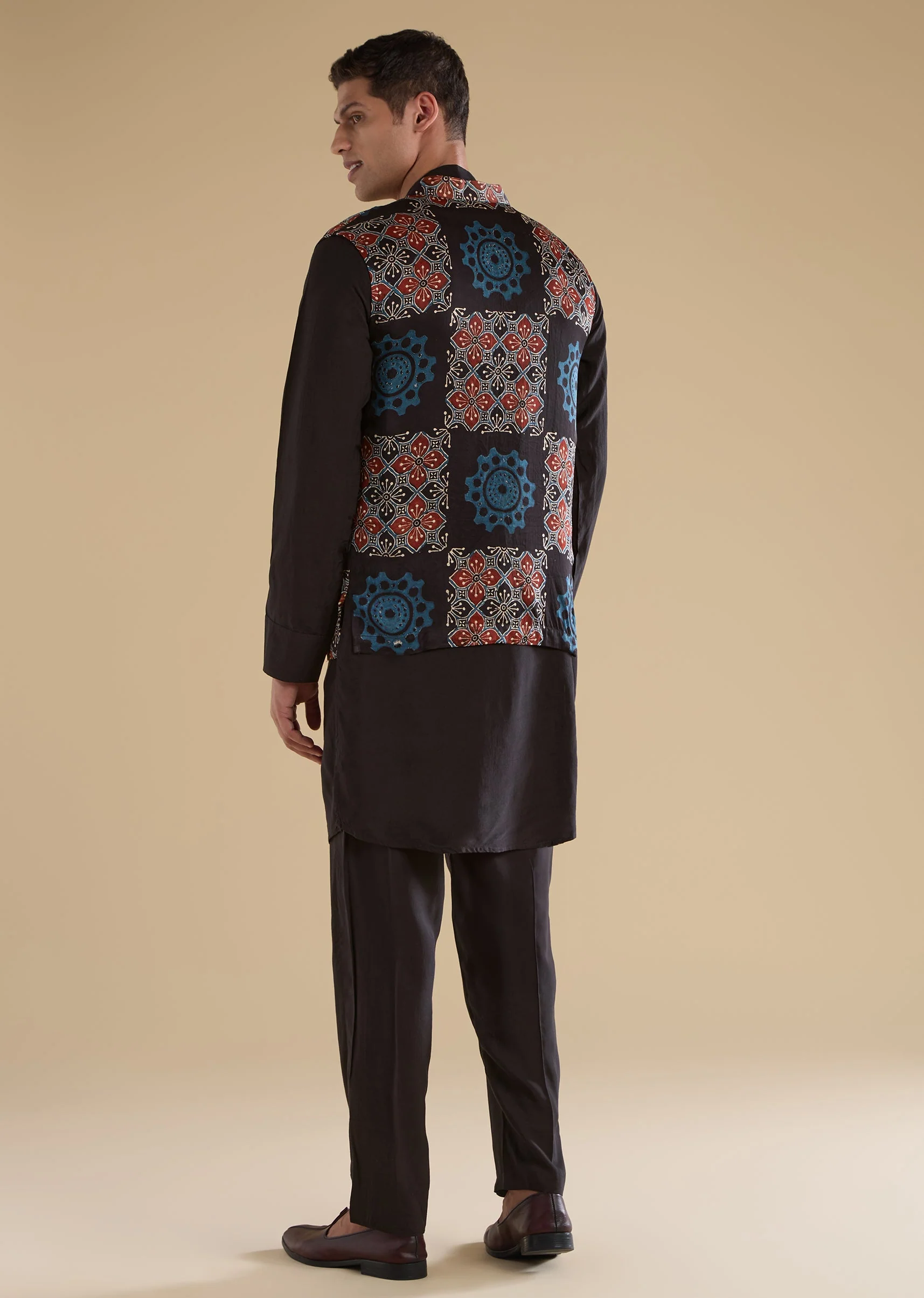 Black Ajrakh Printed Kurta Jacket Set - Image 5