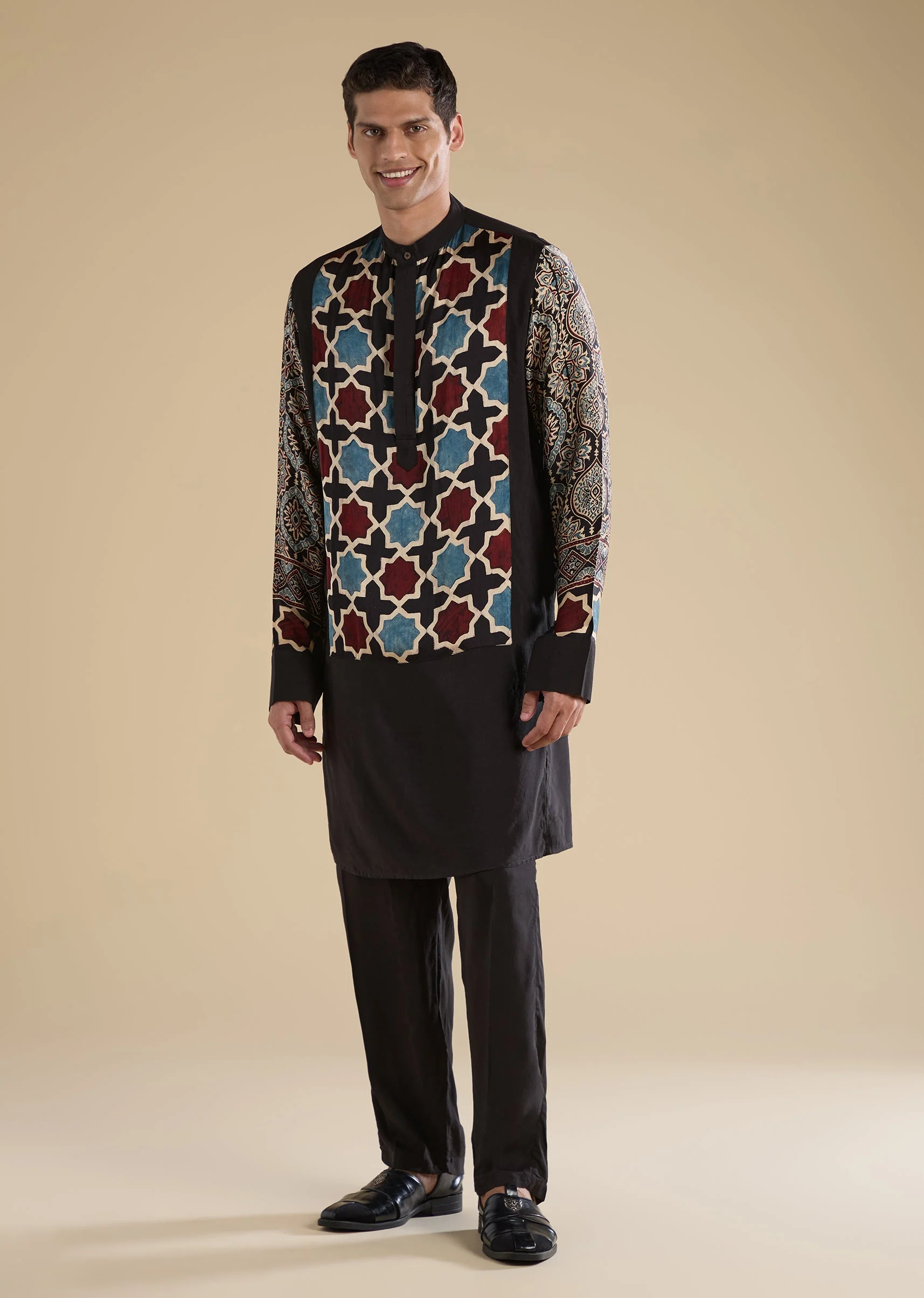 Black Ajrakh Printed Kurta Set For Men