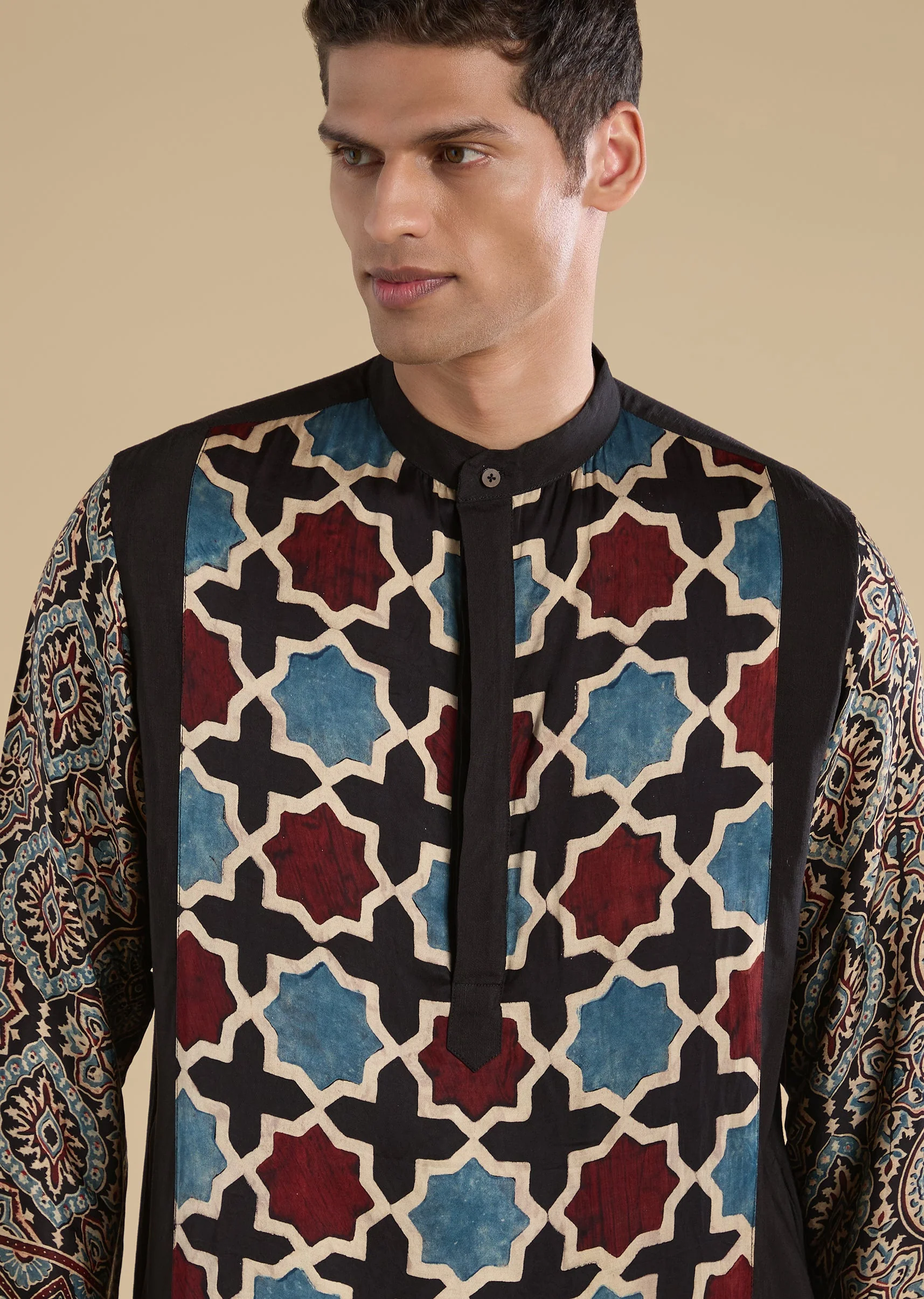 Black Ajrakh Printed Kurta Set For Men - Image 2