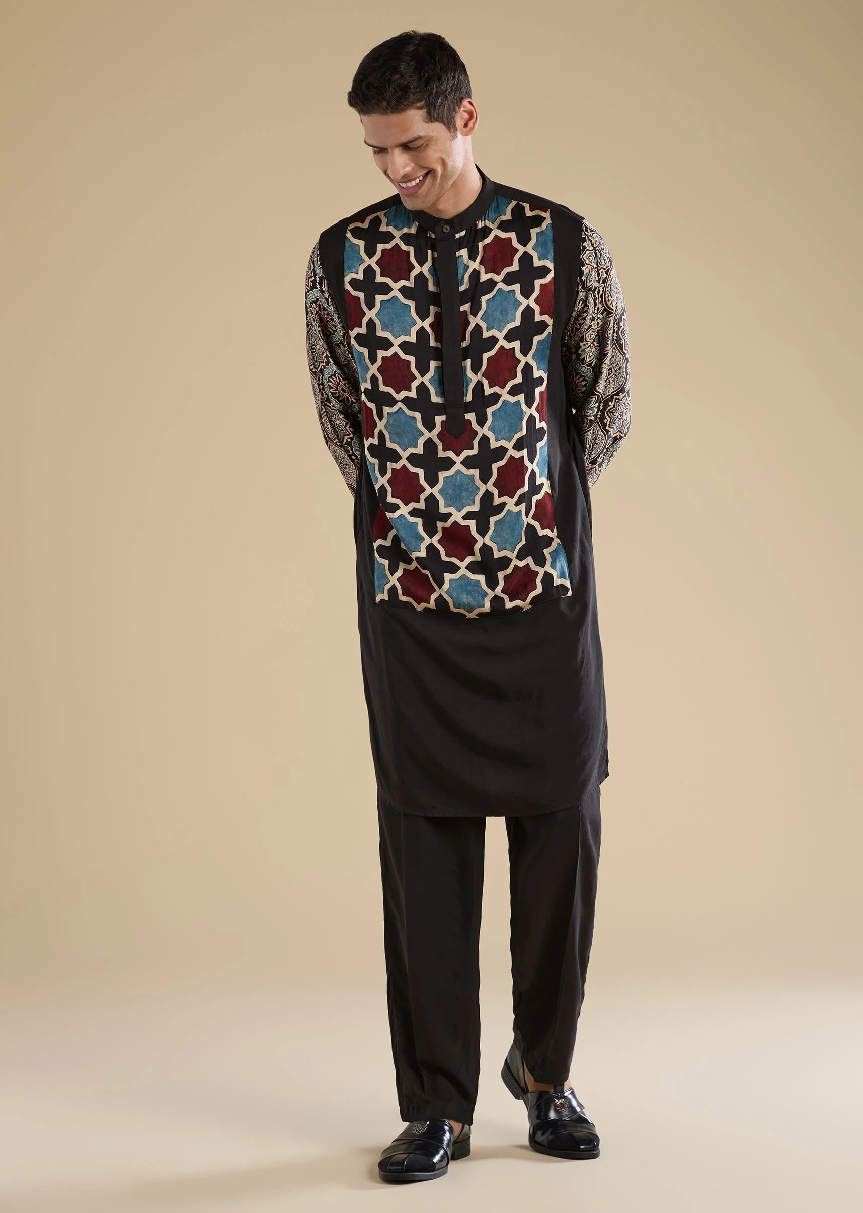 Black Ajrakh Printed Kurta Set For Men - Image 3