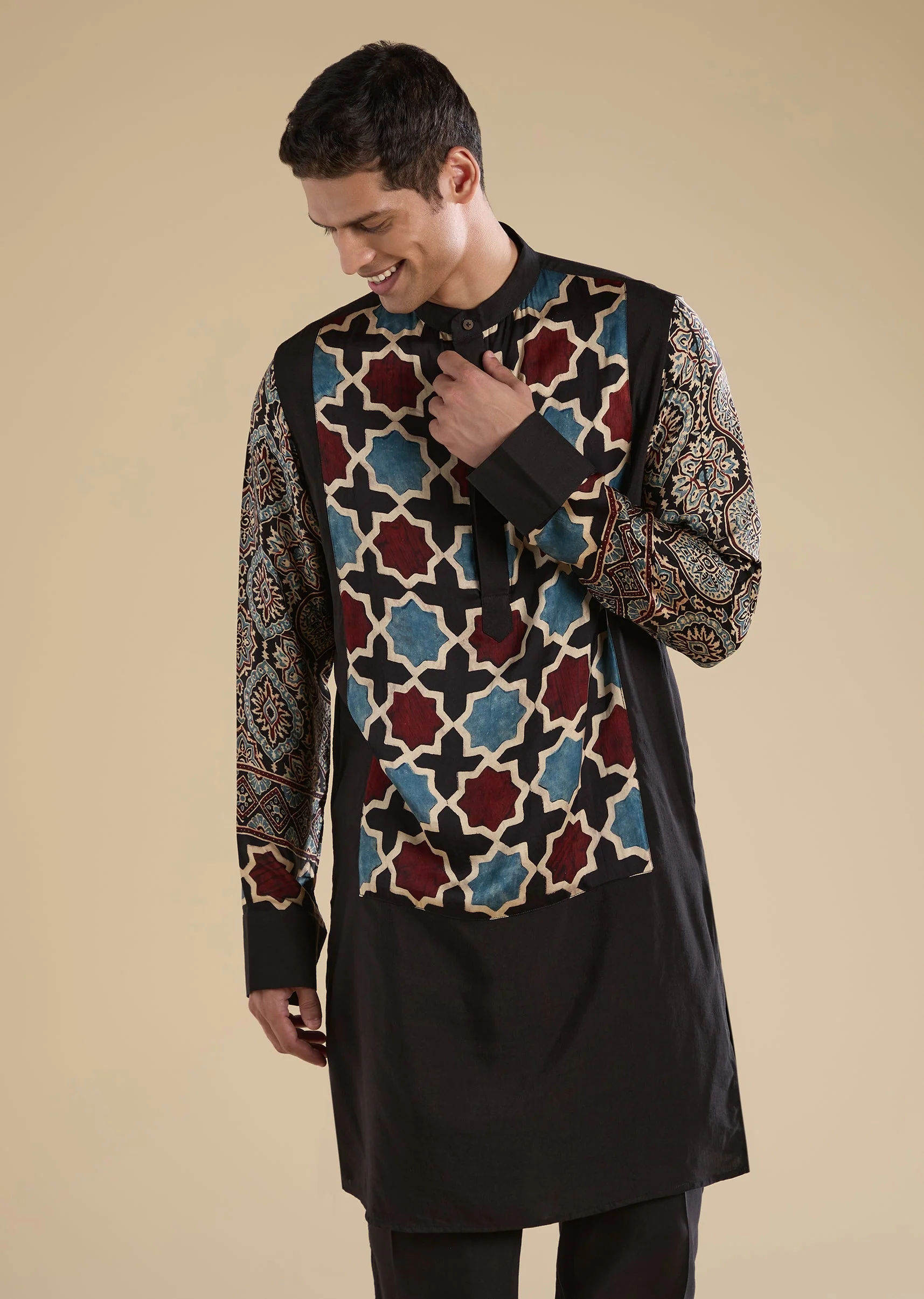 Black Ajrakh Printed Kurta Set For Men - Image 4