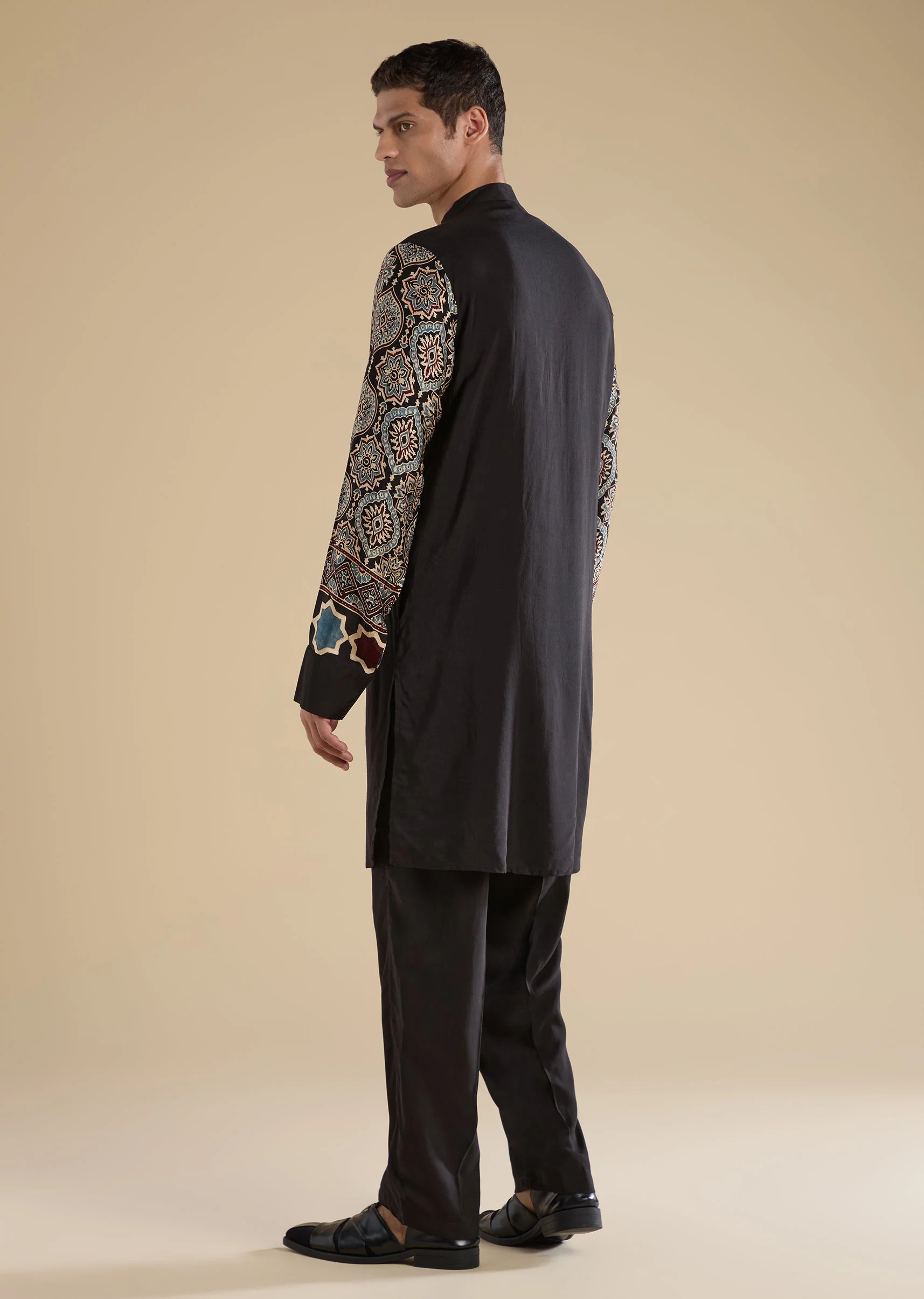 Black Ajrakh Printed Kurta Set For Men - Image 5