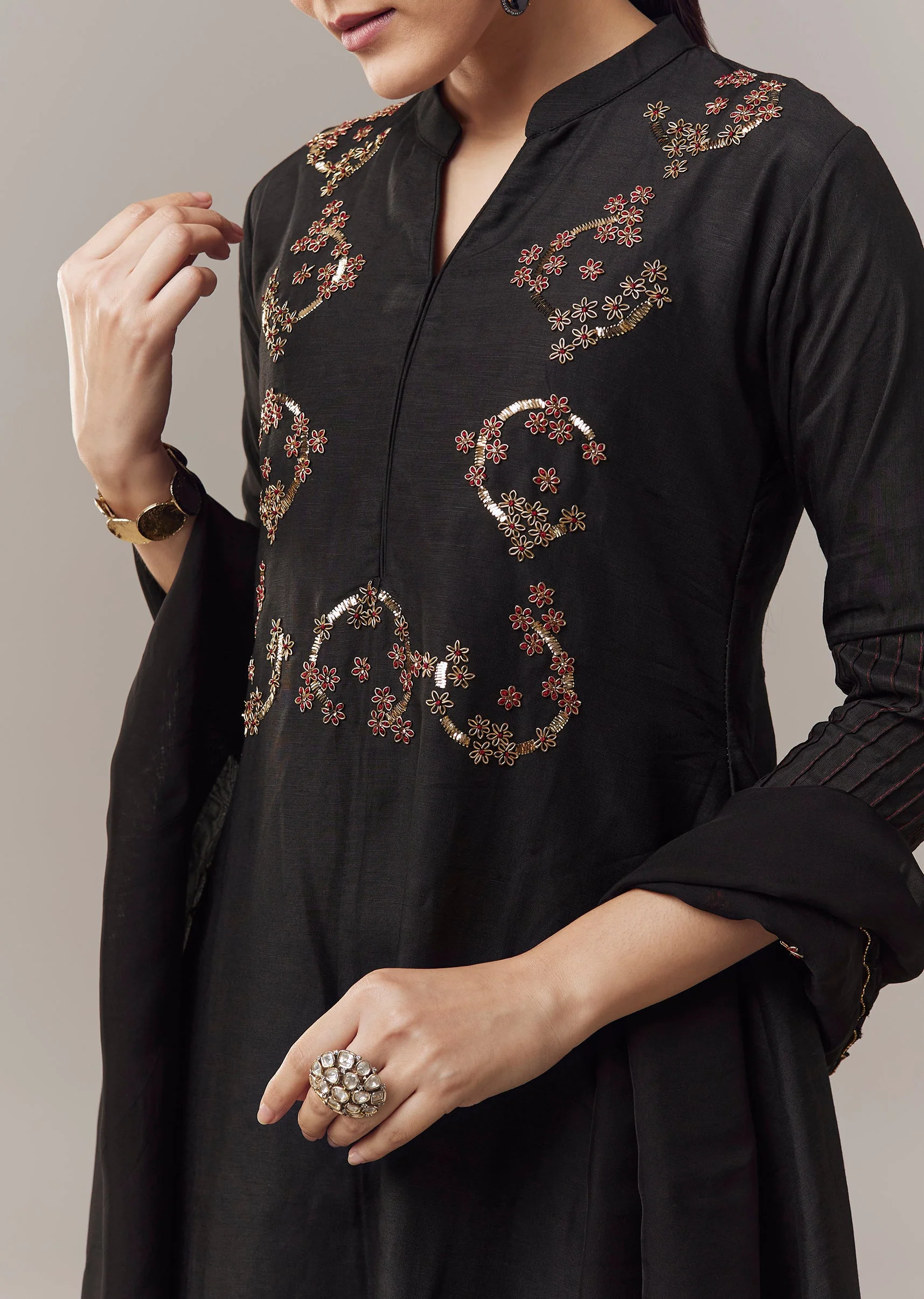 Black Anarkali Suit With French Knot And Zardosi Hand Work And Dupatta - Image 2