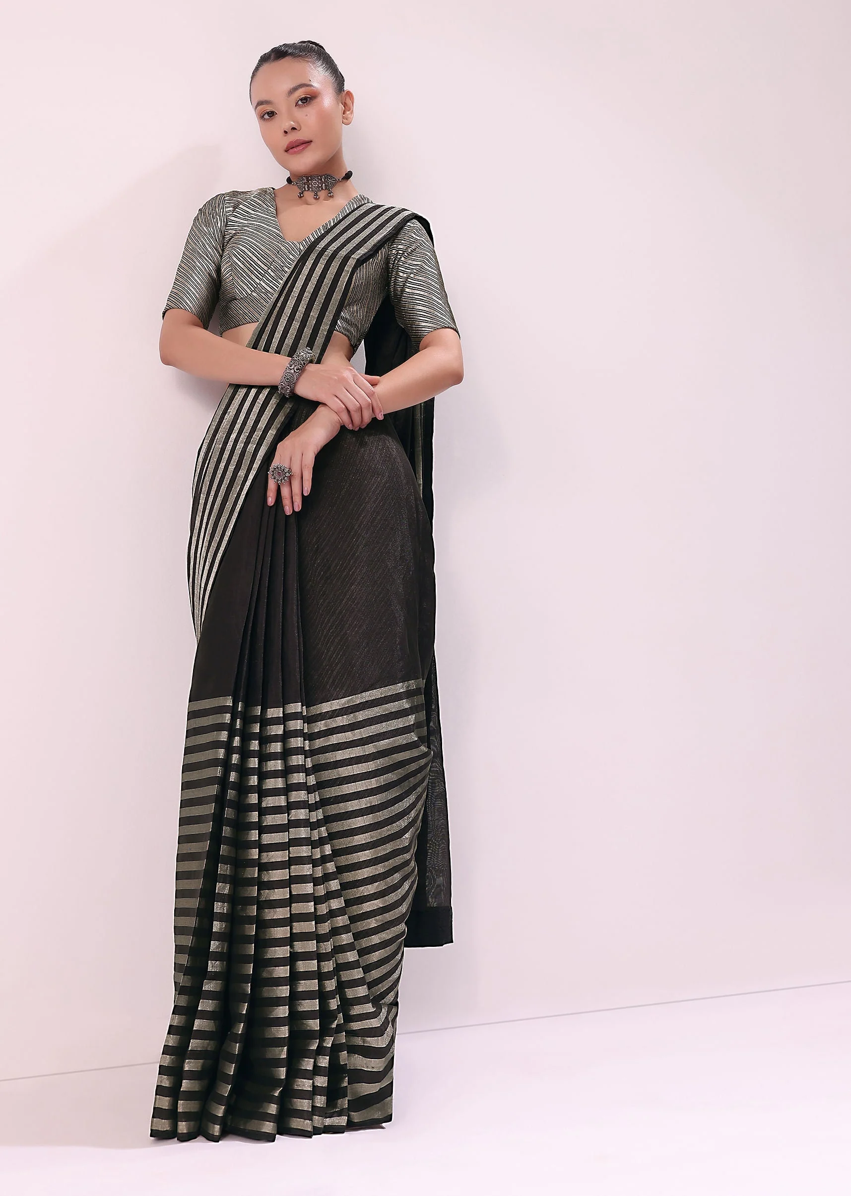 Black And Silver Half Striped Chanderi Saree And Stitched Blouse - Image 3