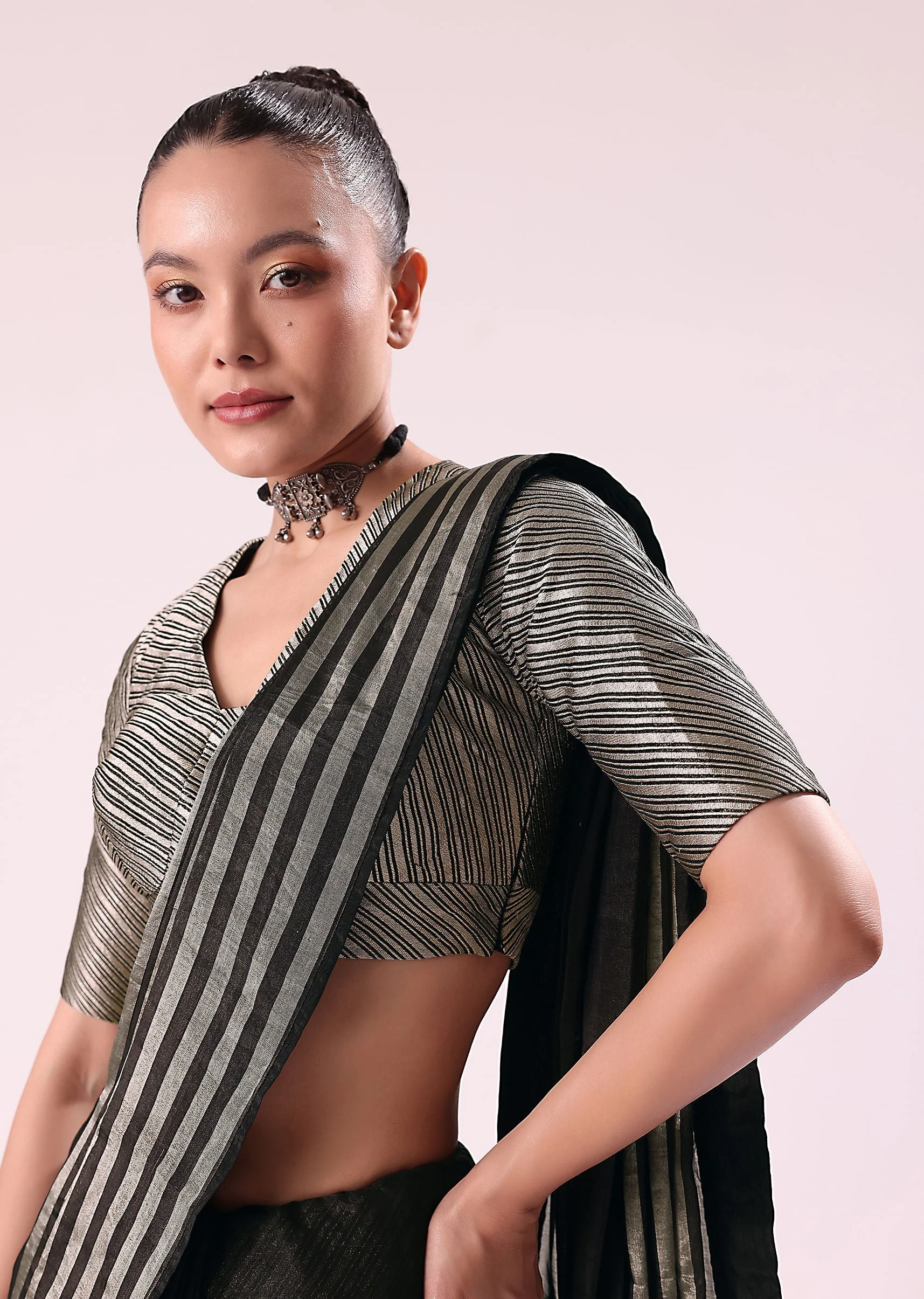 Black And Silver Half Striped Chanderi Saree And Stitched Blouse - Image 5