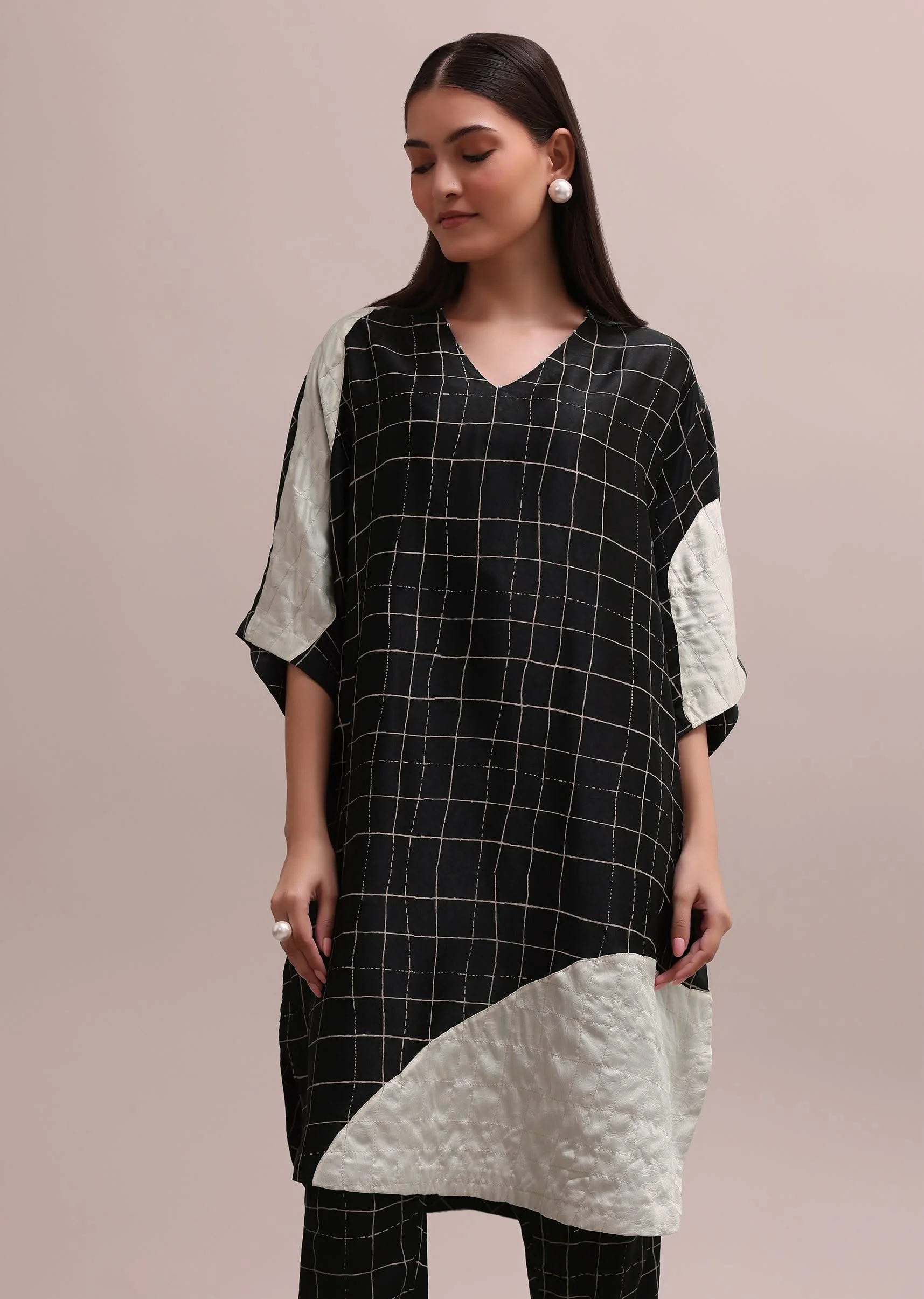 Black And White Checks Colour Block Woven Crepe Co-ord Set With Beads On Neckline - Image 3