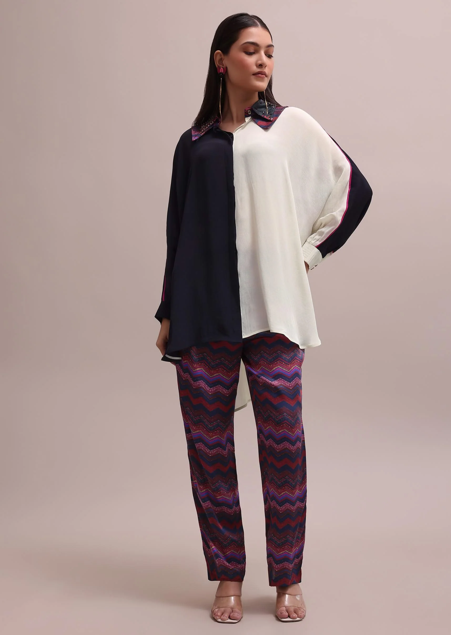 Black And White Color Block Kurta With Embroidered Collar And Striped Crepe Pants Set
