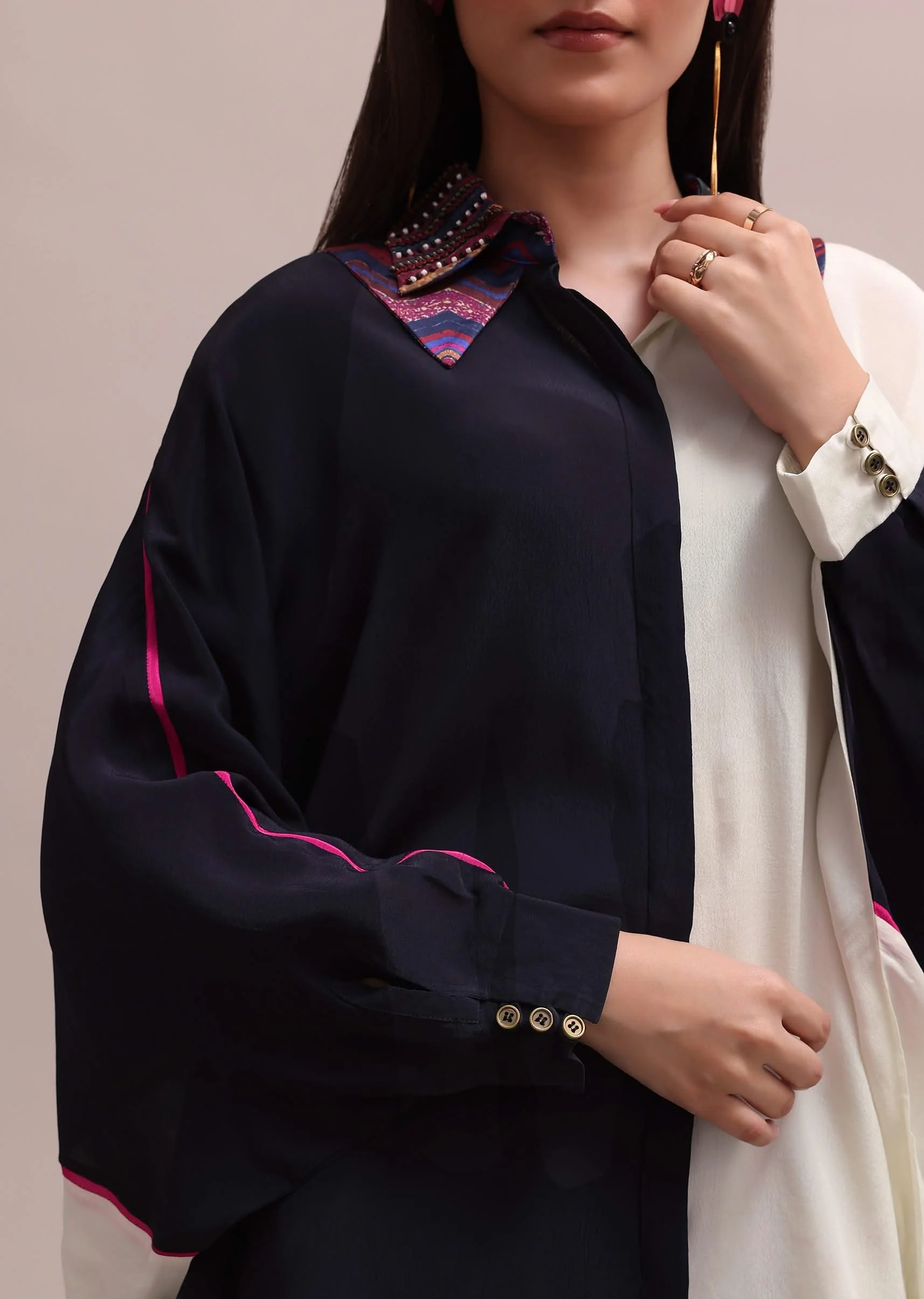Black And White Color Block Kurta With Embroidered Collar And Striped Crepe Pants Set - Image 2