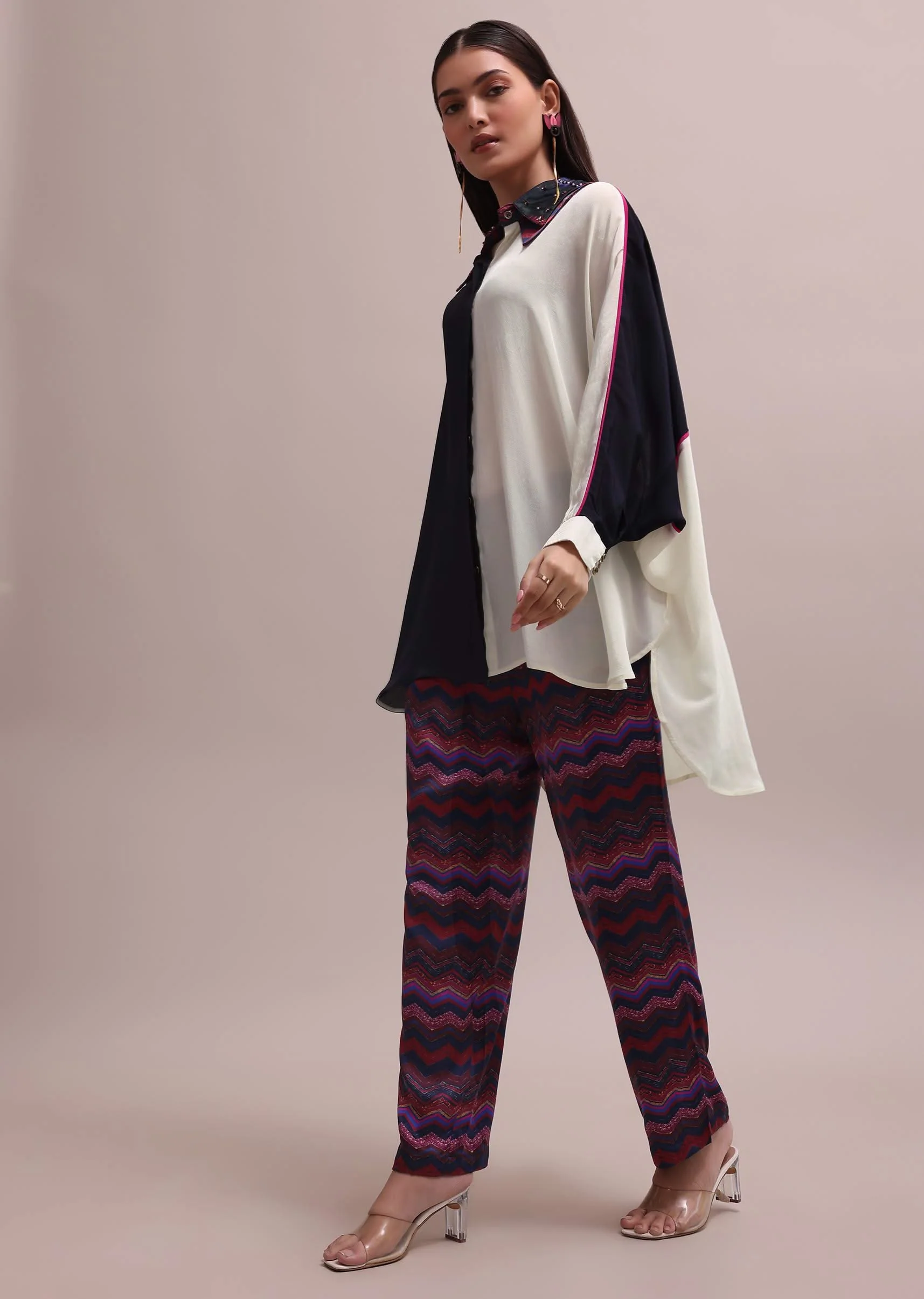 Black And White Color Block Kurta With Embroidered Collar And Striped Crepe Pants Set - Image 3