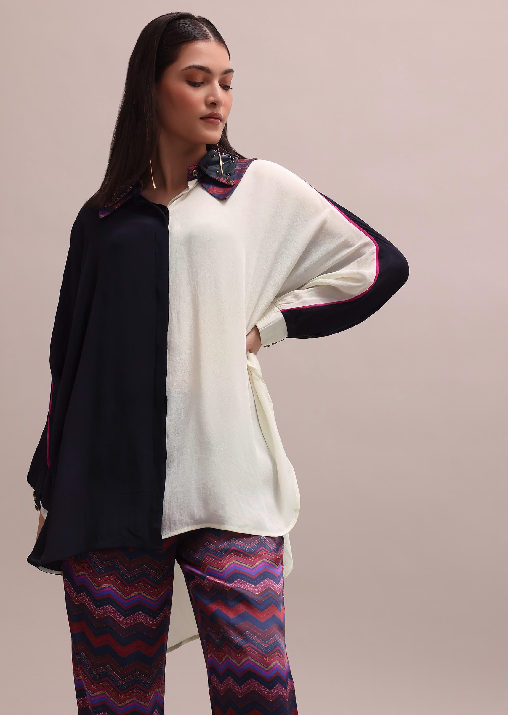 Black And White Color Block Kurta With Embroidered Collar And Striped Crepe Pants Set - Image 4