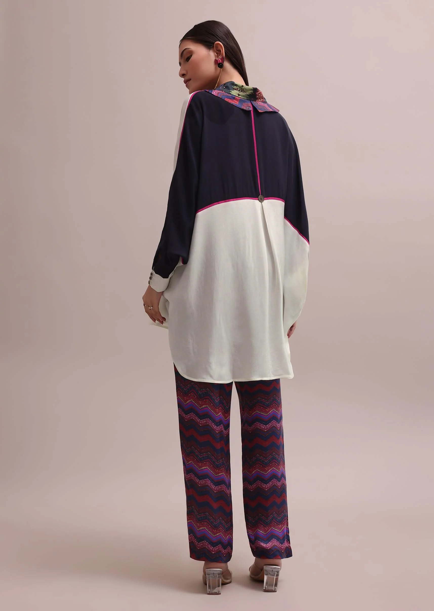 Black And White Color Block Kurta With Embroidered Collar And Striped Crepe Pants Set - Image 5