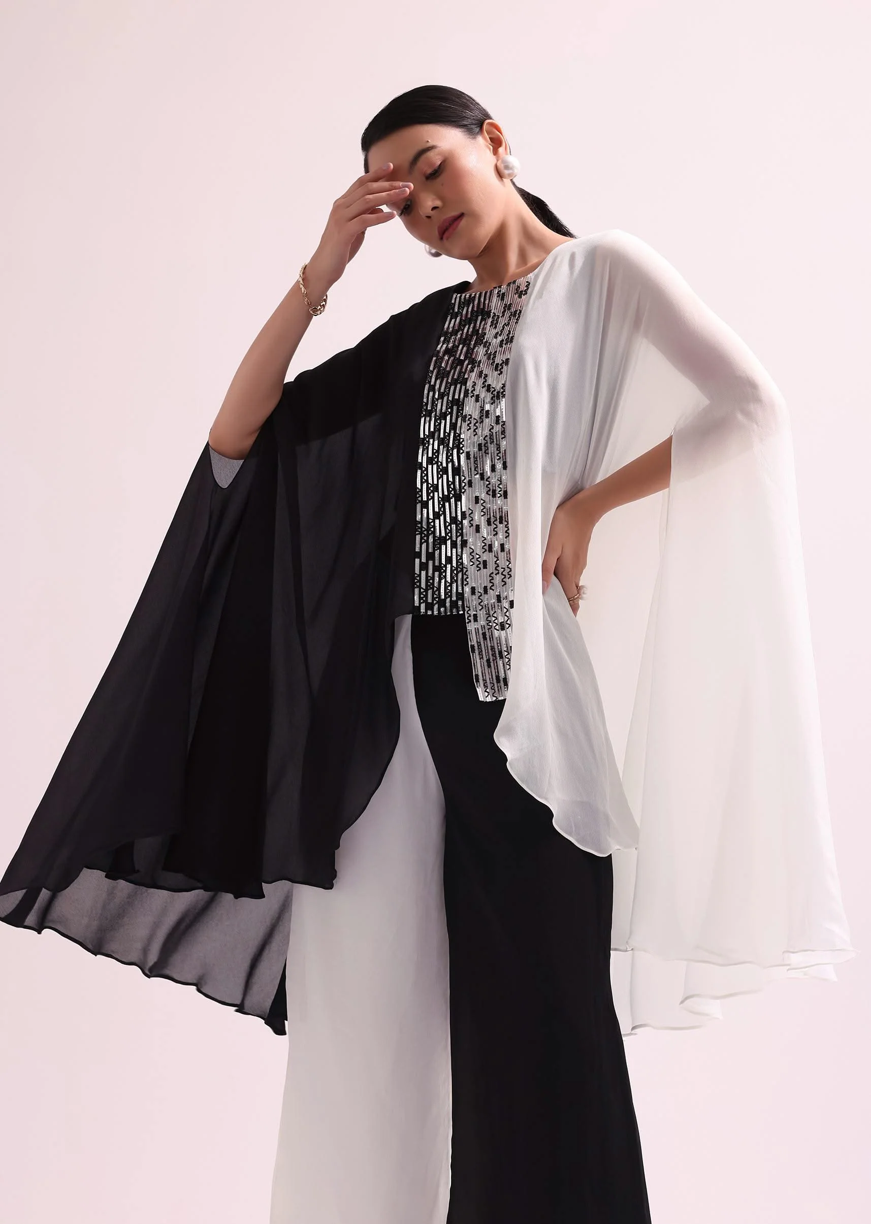 Black And White Embroidered Croptop And Palazzo Set - Image 2