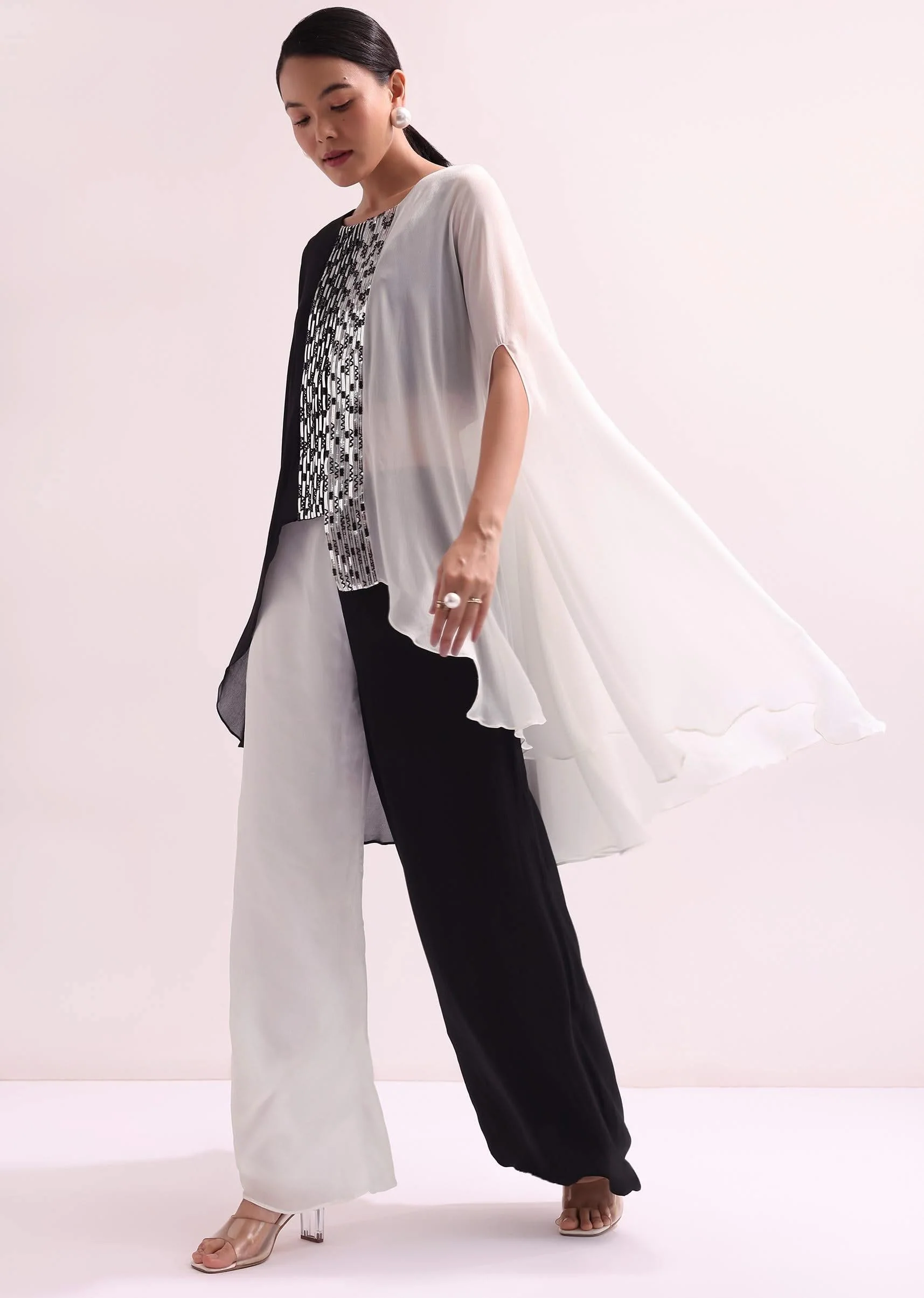 Black And White Embroidered Croptop And Palazzo Set - Image 3