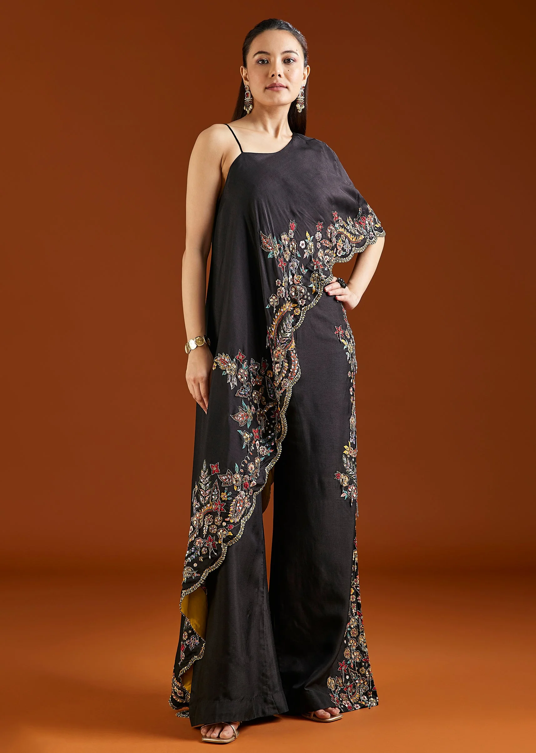 Black Asymmetric Silk Blend Crop Top Palazzo Set - Image 3