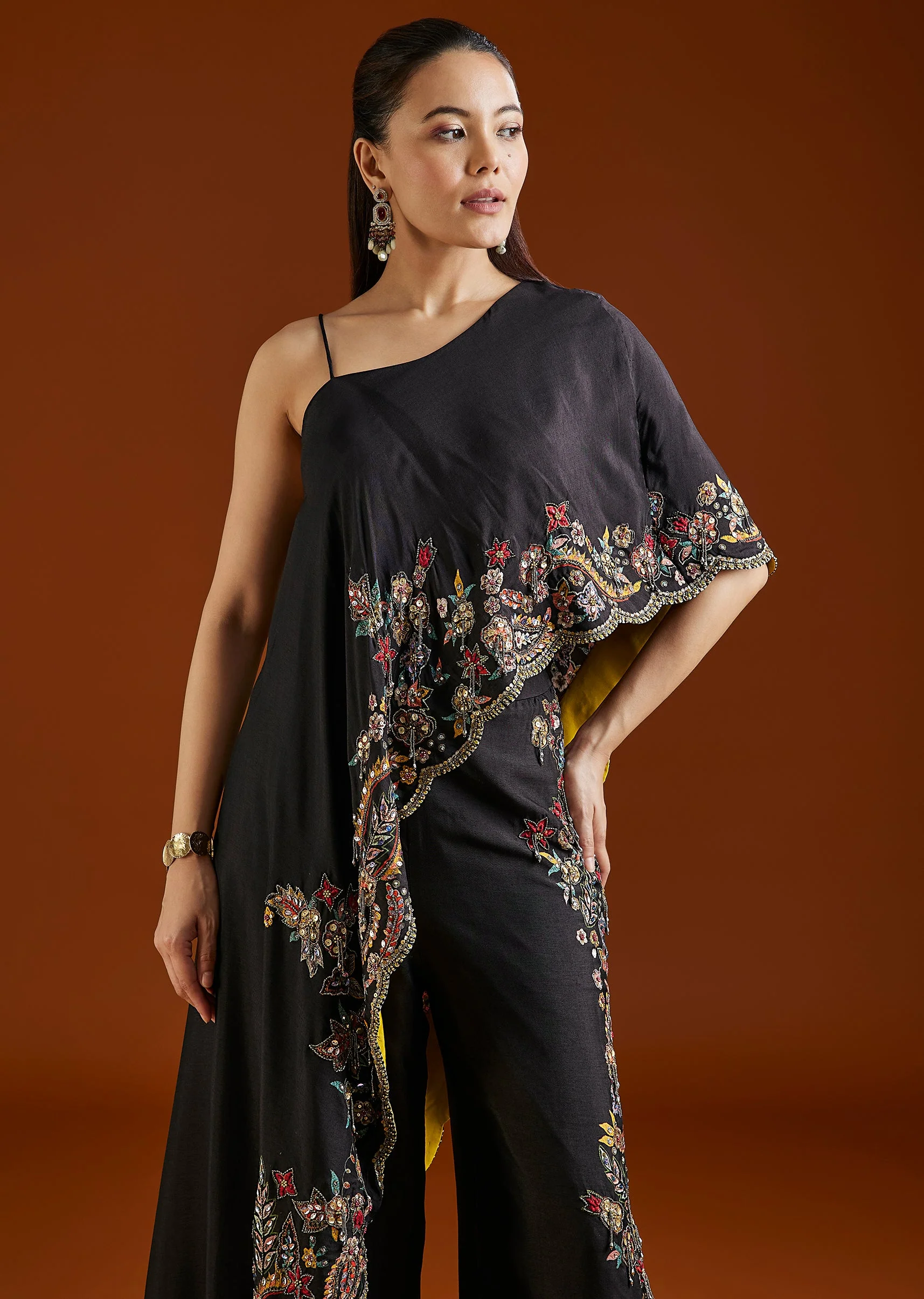 Black Asymmetric Silk Blend Crop Top Palazzo Set - Image 4