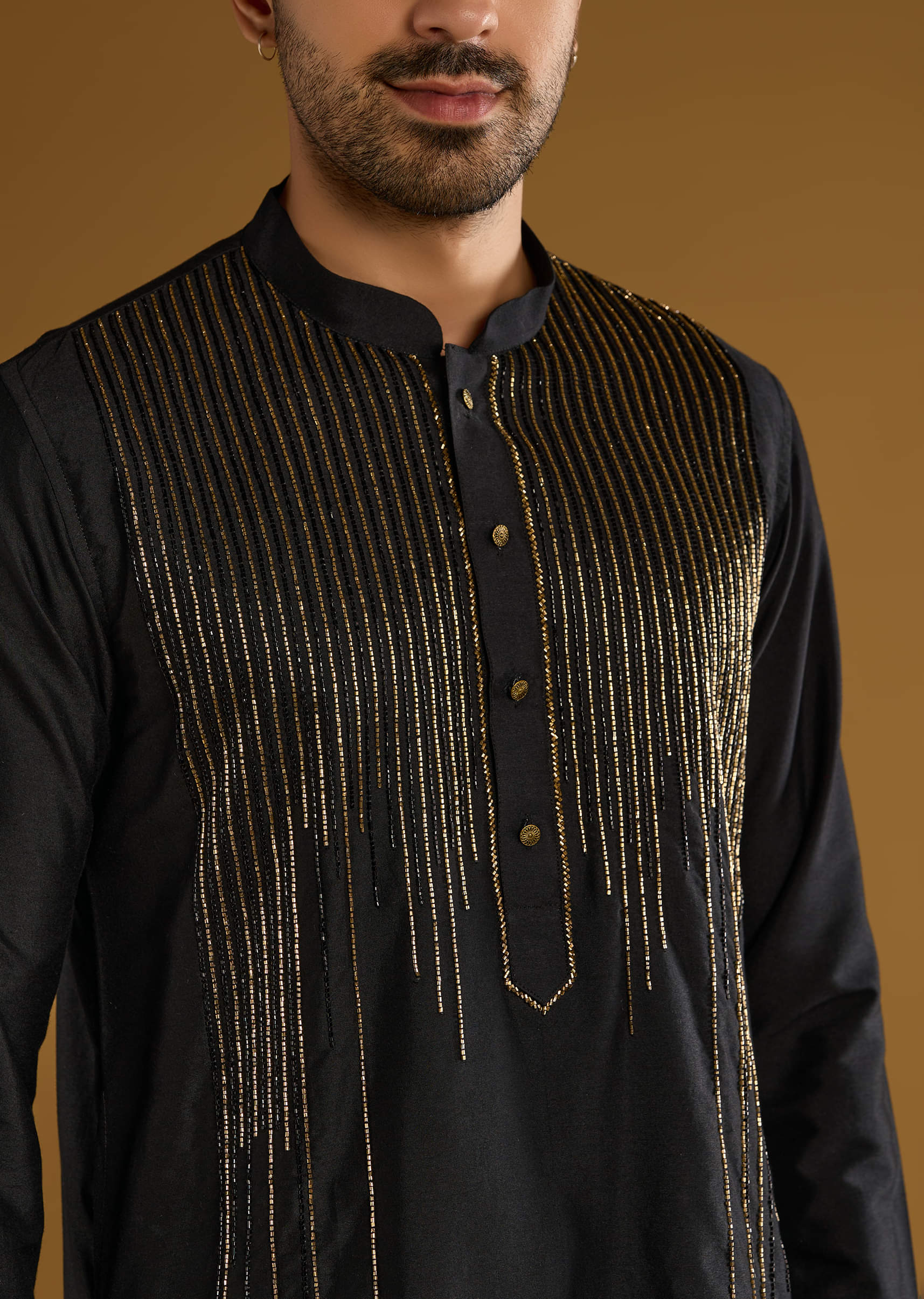 Black Banarasi Silk Kurta Set For Men With Cutdana Work - Image 2