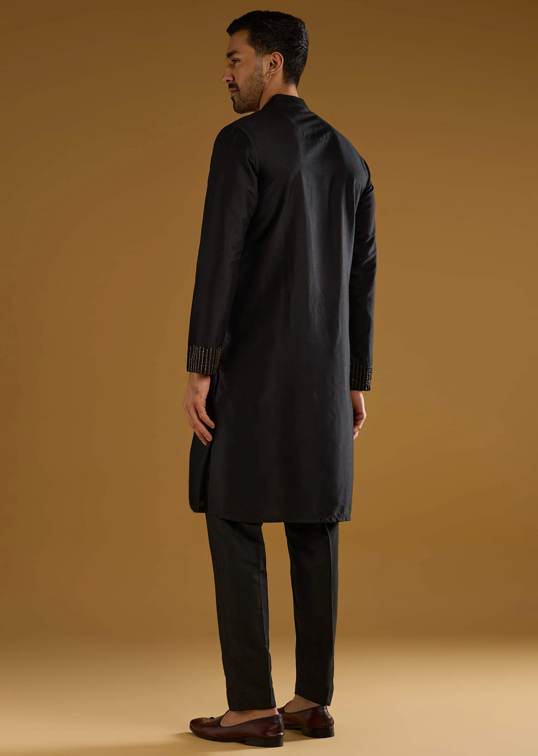 Black Banarasi Silk Kurta Set For Men With Cutdana Work - Image 5