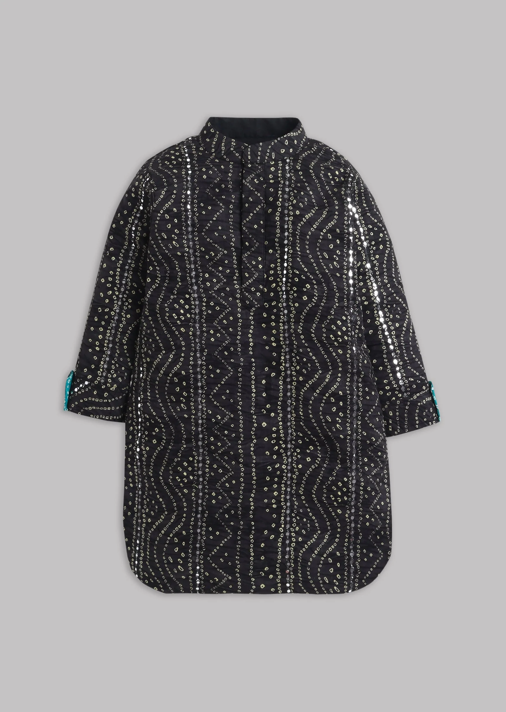 Black Bandhani Print Kurta Set With Faux Mirror - Image 2