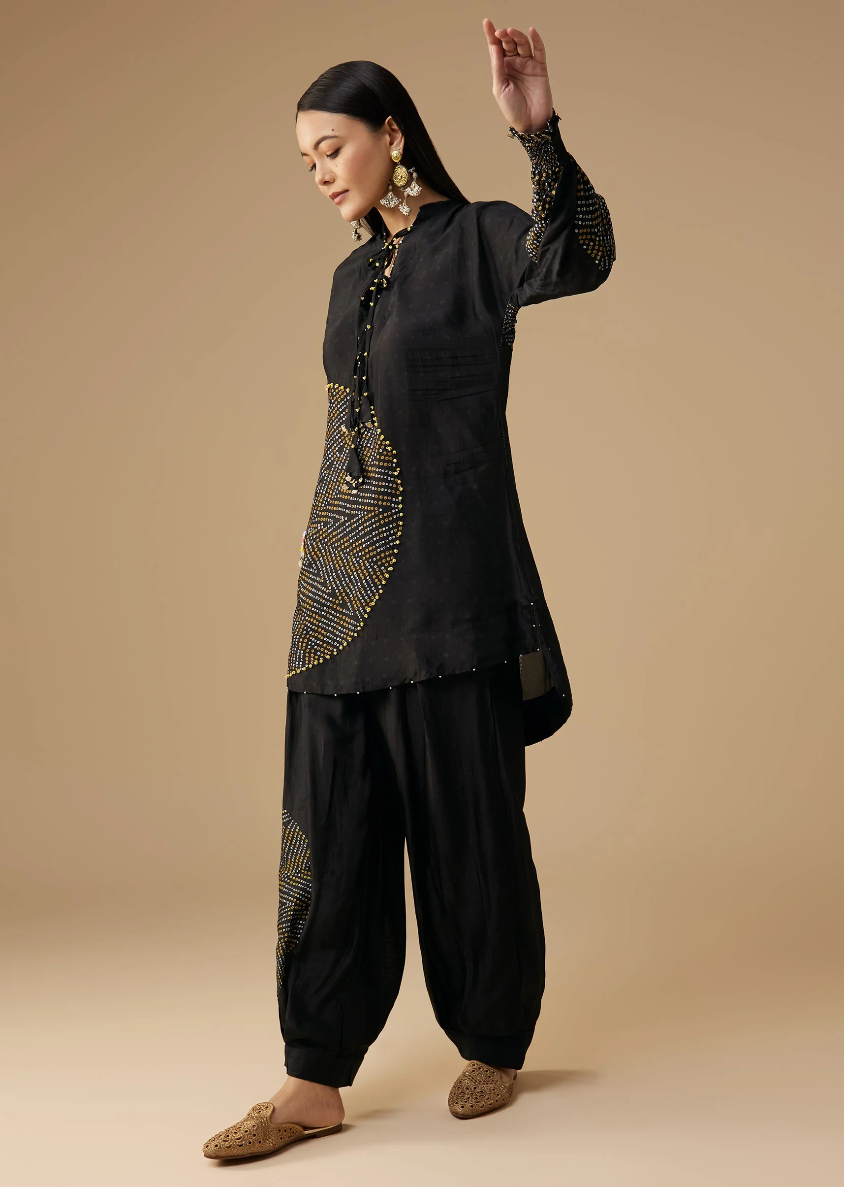 Black Bandhani Printed Silk Kurta Pant Set - Image 3