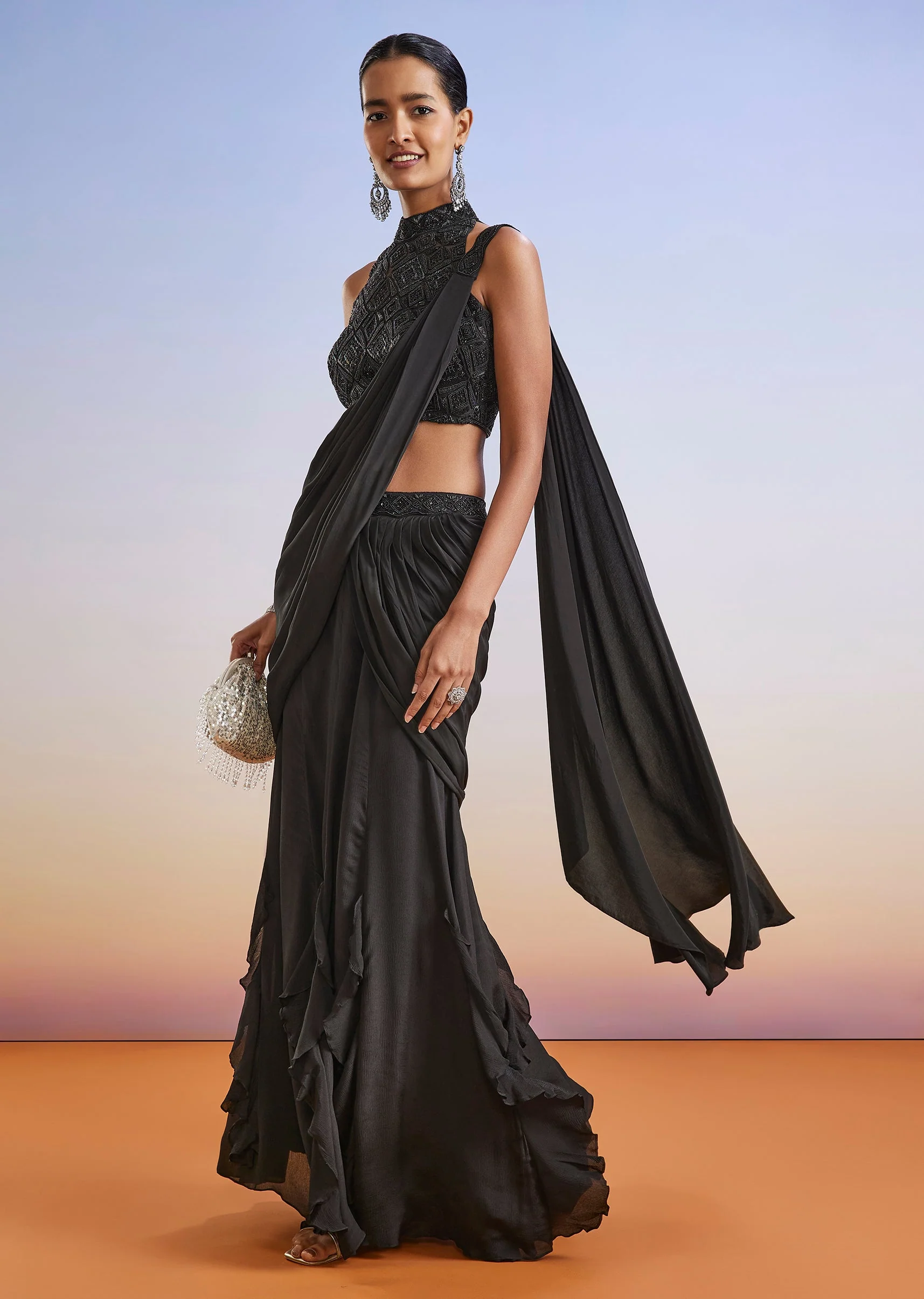 Black Beaded Embroidered Ready Pleated Saree With Blouse