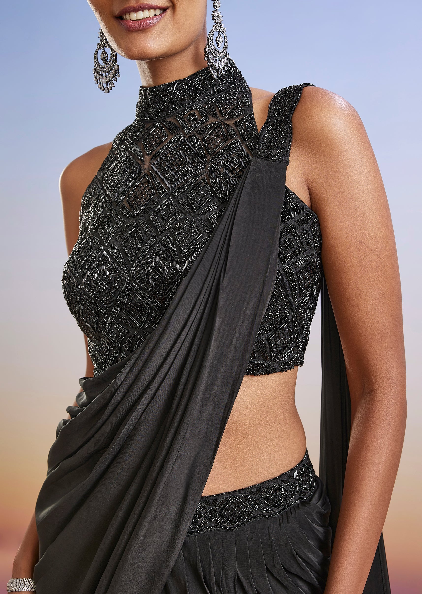 Black Beaded Embroidered Ready Pleated Saree With Blouse - Image 2