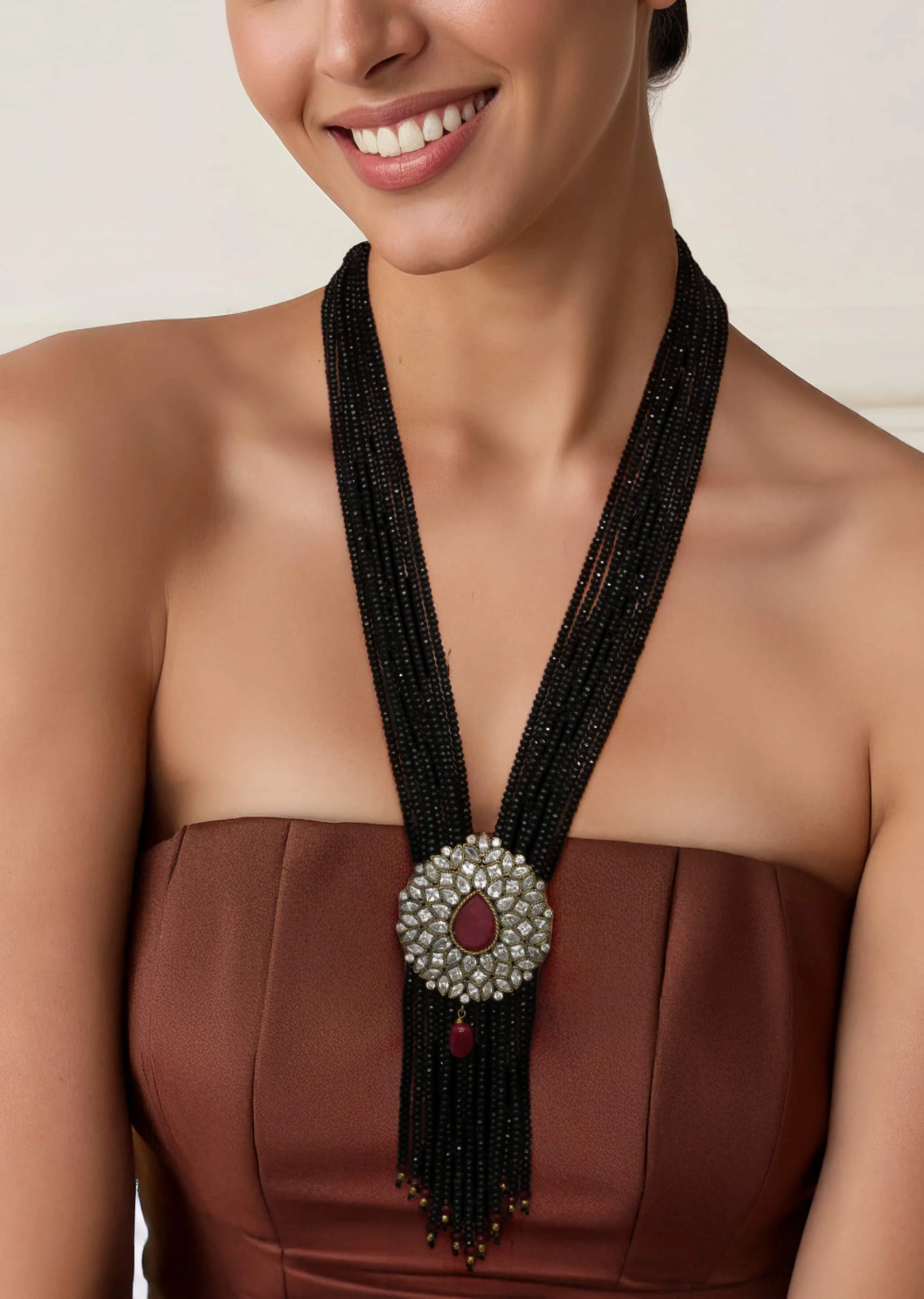 Black Beaded Fusion Pendant Long Necklace