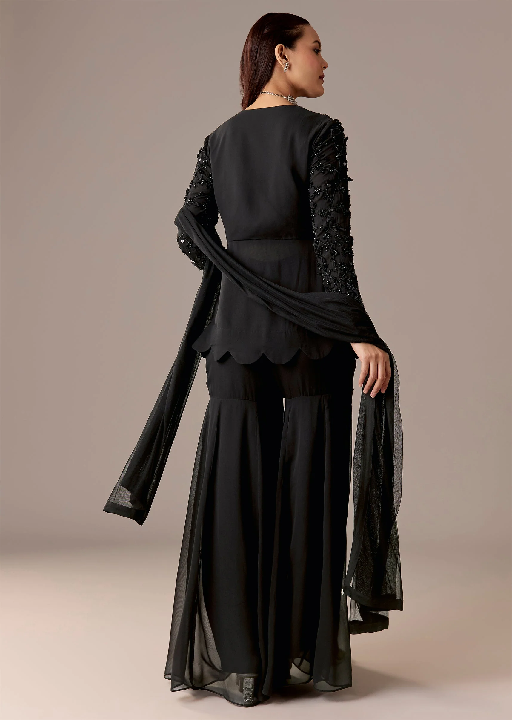 Black Beaded Peplum Sharara Set - Image 5