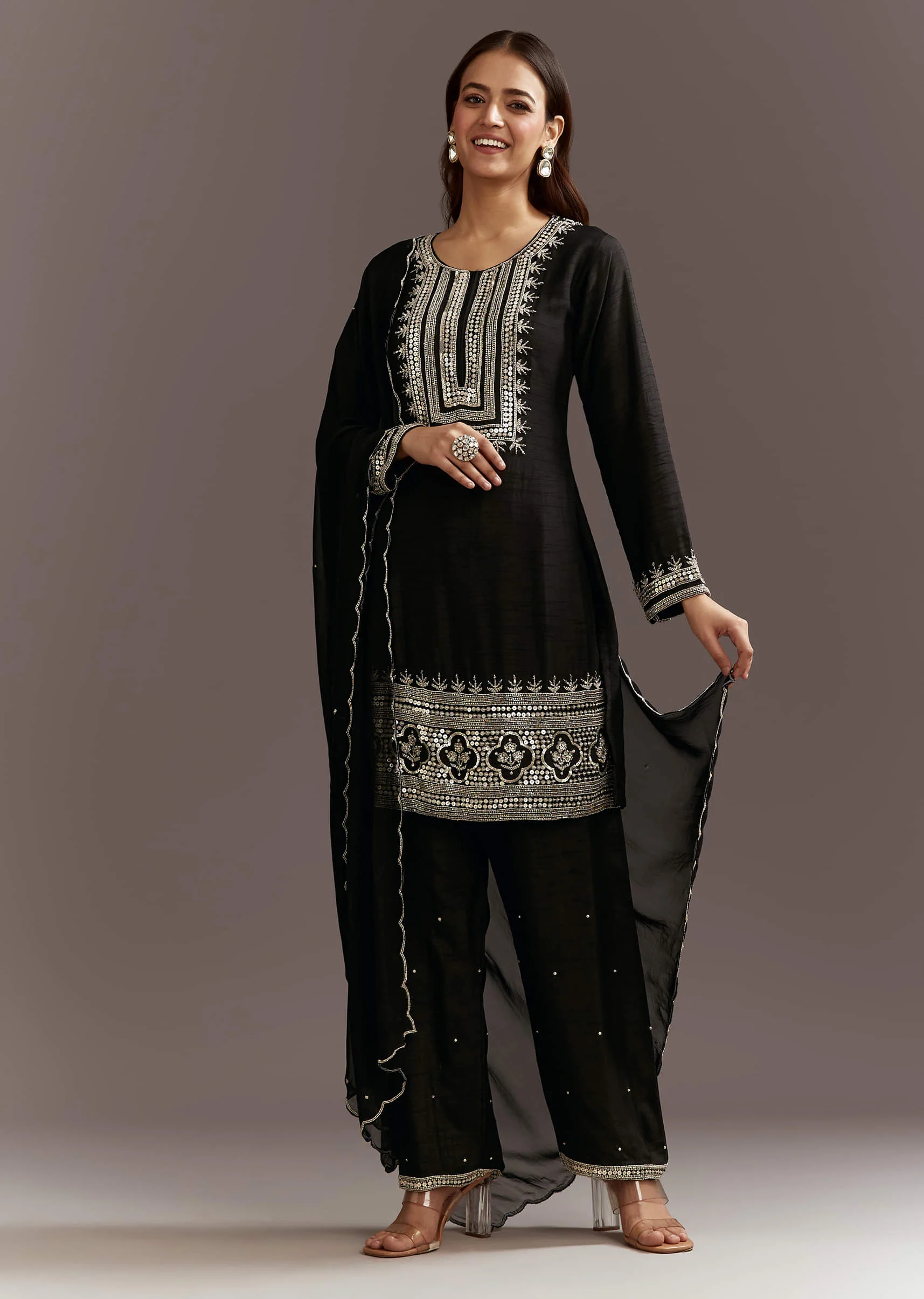 Black Beads And Sequins Work Kurta Set With Organza Dupatta - Image 2