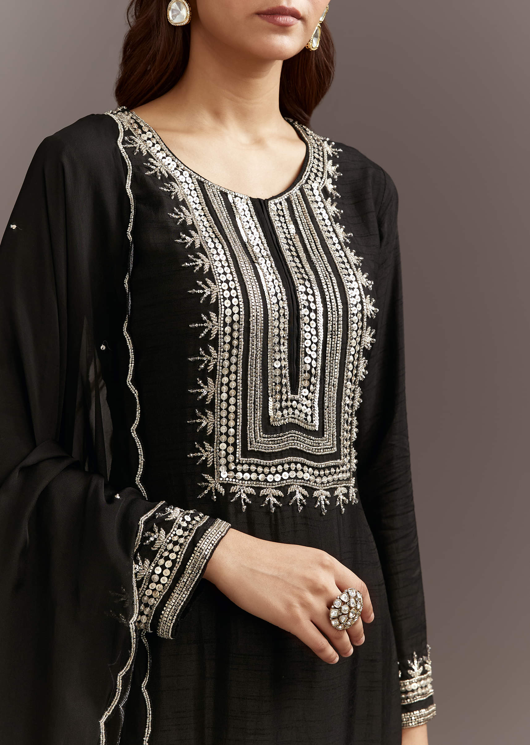 Black Beads And Sequins Work Kurta Set With Organza Dupatta - Image 3