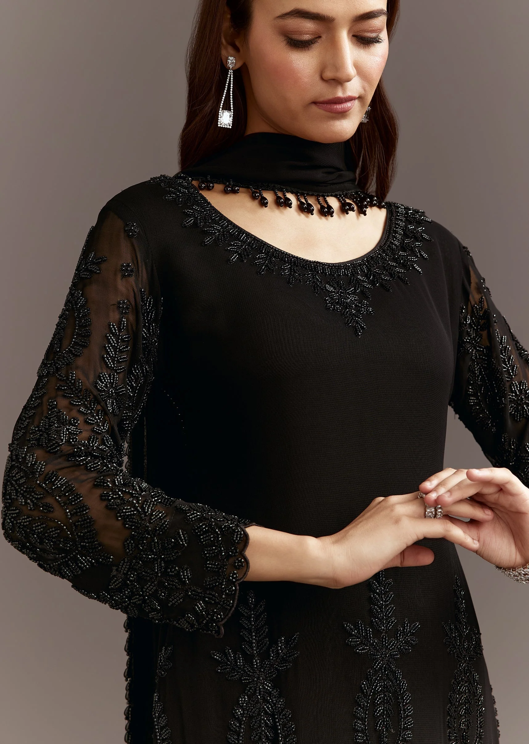 Black Beads Work Georgette Kurta With Fully Beaded Pant - Image 3