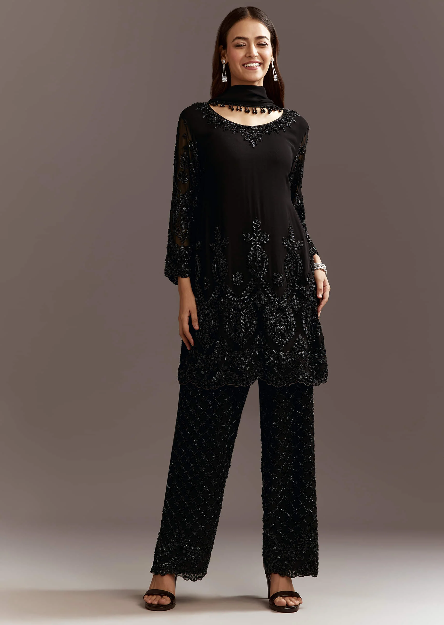 Black Beads Work Georgette Kurta With Fully Beaded Pant - Image 4