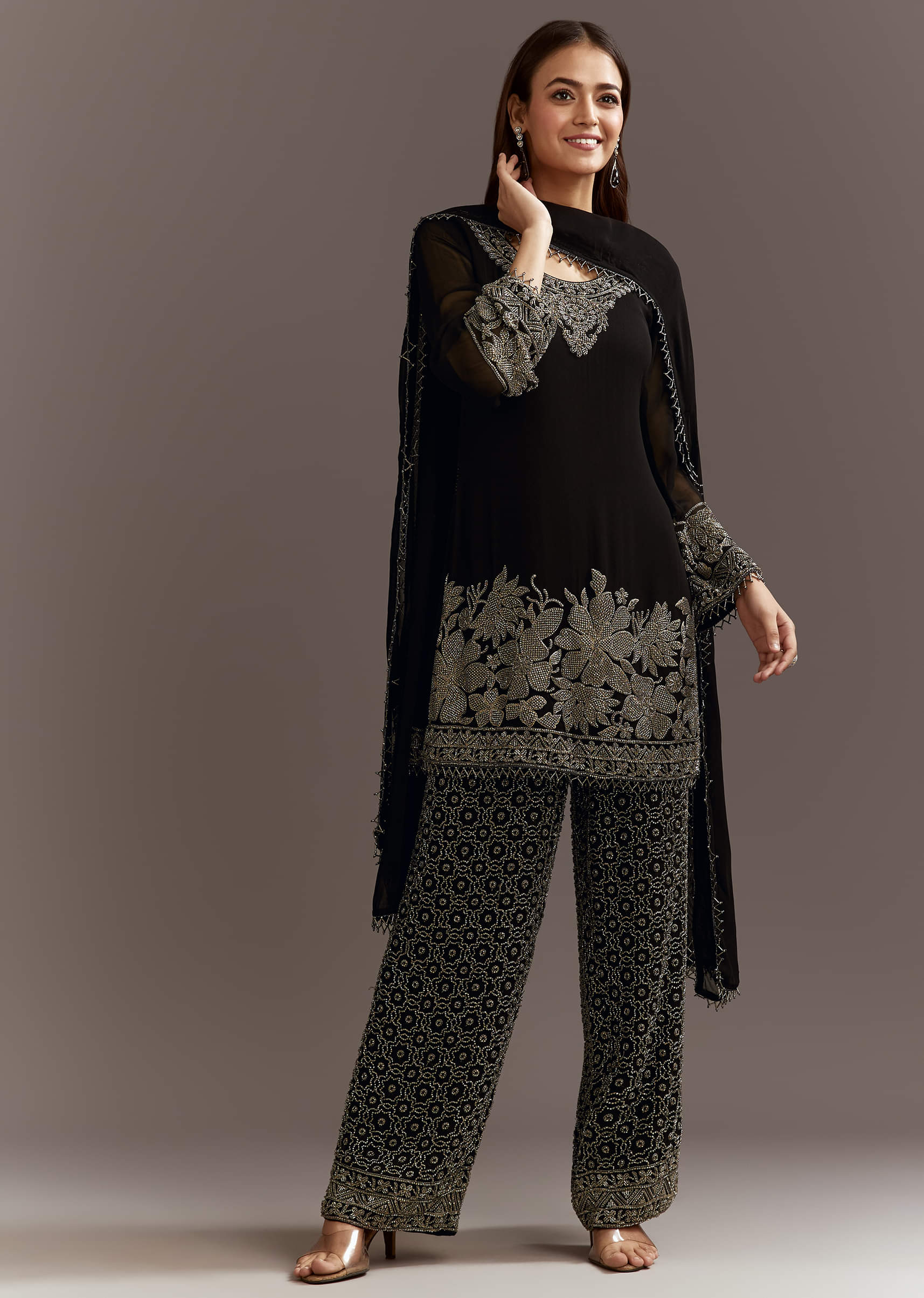 Black Beads Work Kurta Dupatta Set With Fully Beaded Pant - Image 2