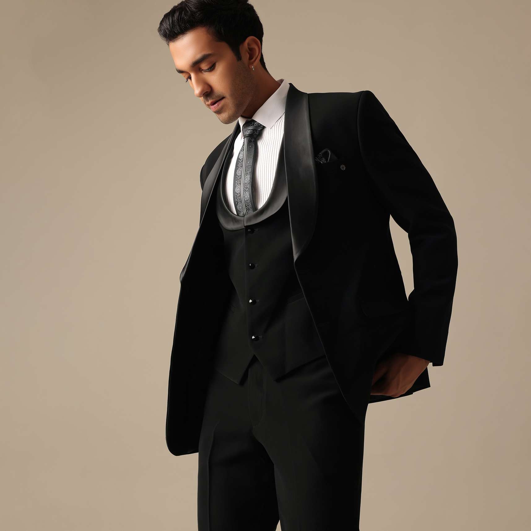 Black Blazer And Pant Set Tuxedo With Cutwork Detail - Image 5
