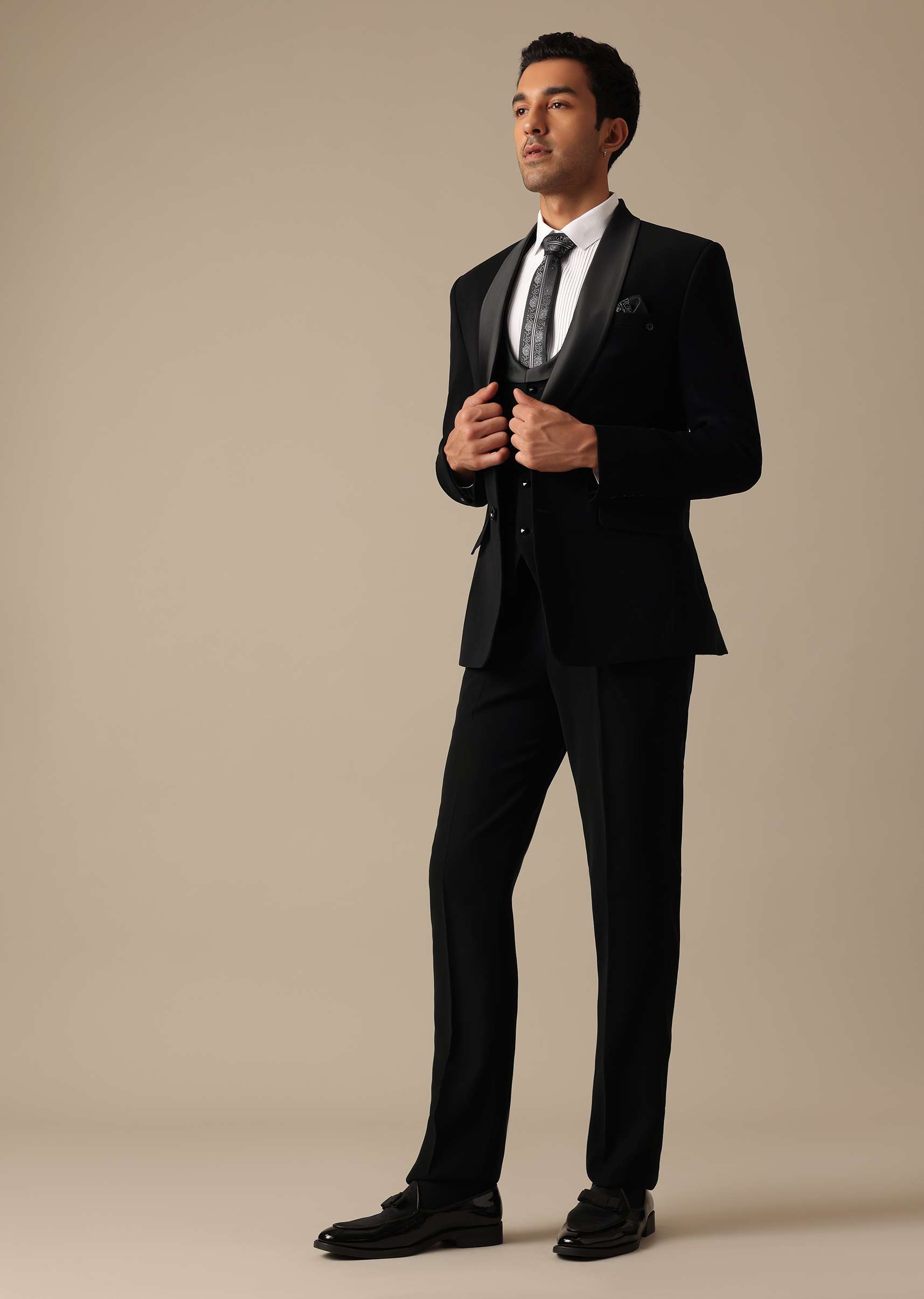 Black Blazer And Pant Set Tuxedo With Cutwork Detail - Image 8