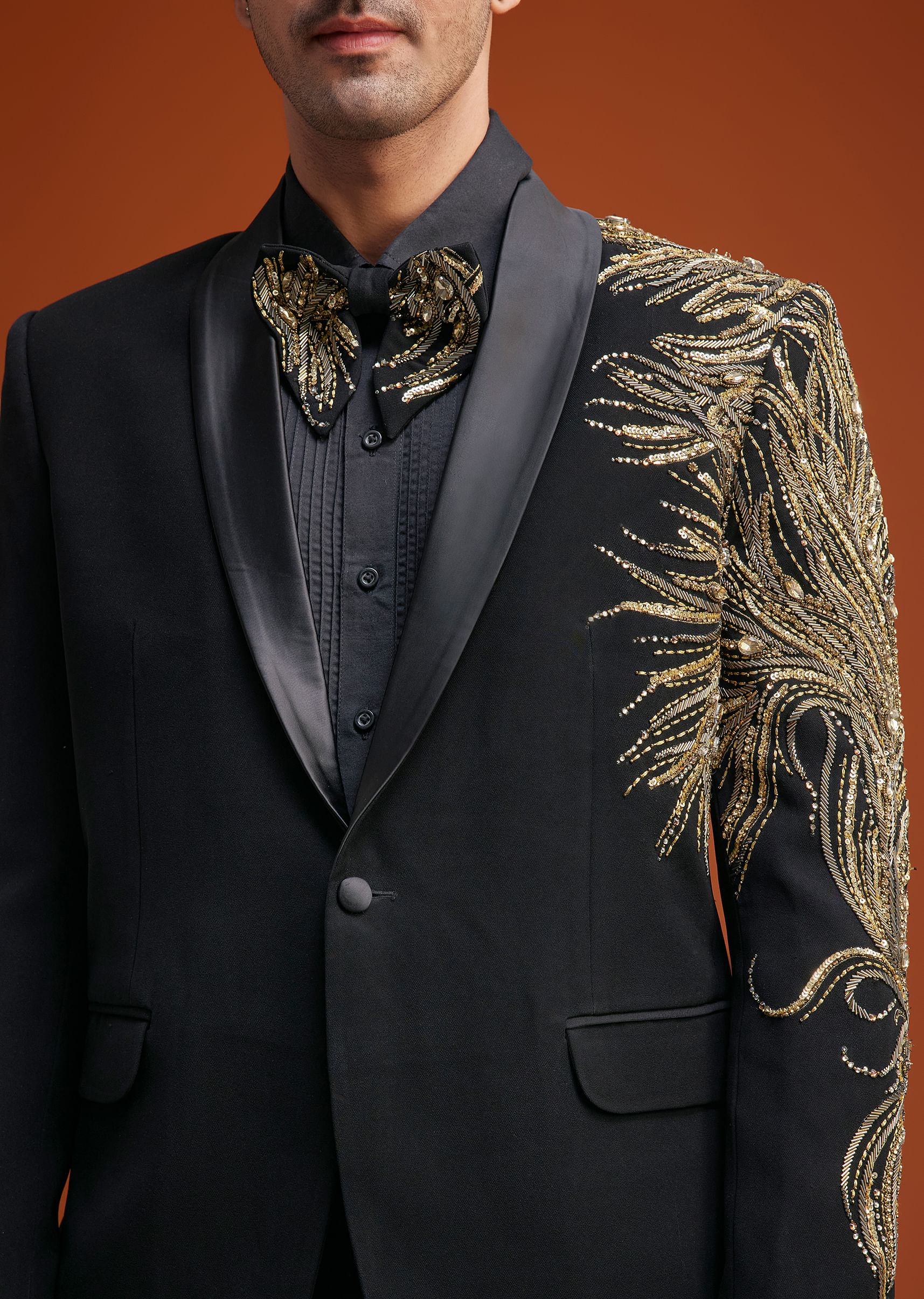Black Blazer With Asymmetrical Gold Sequin And Bead Embroidery - Image 2