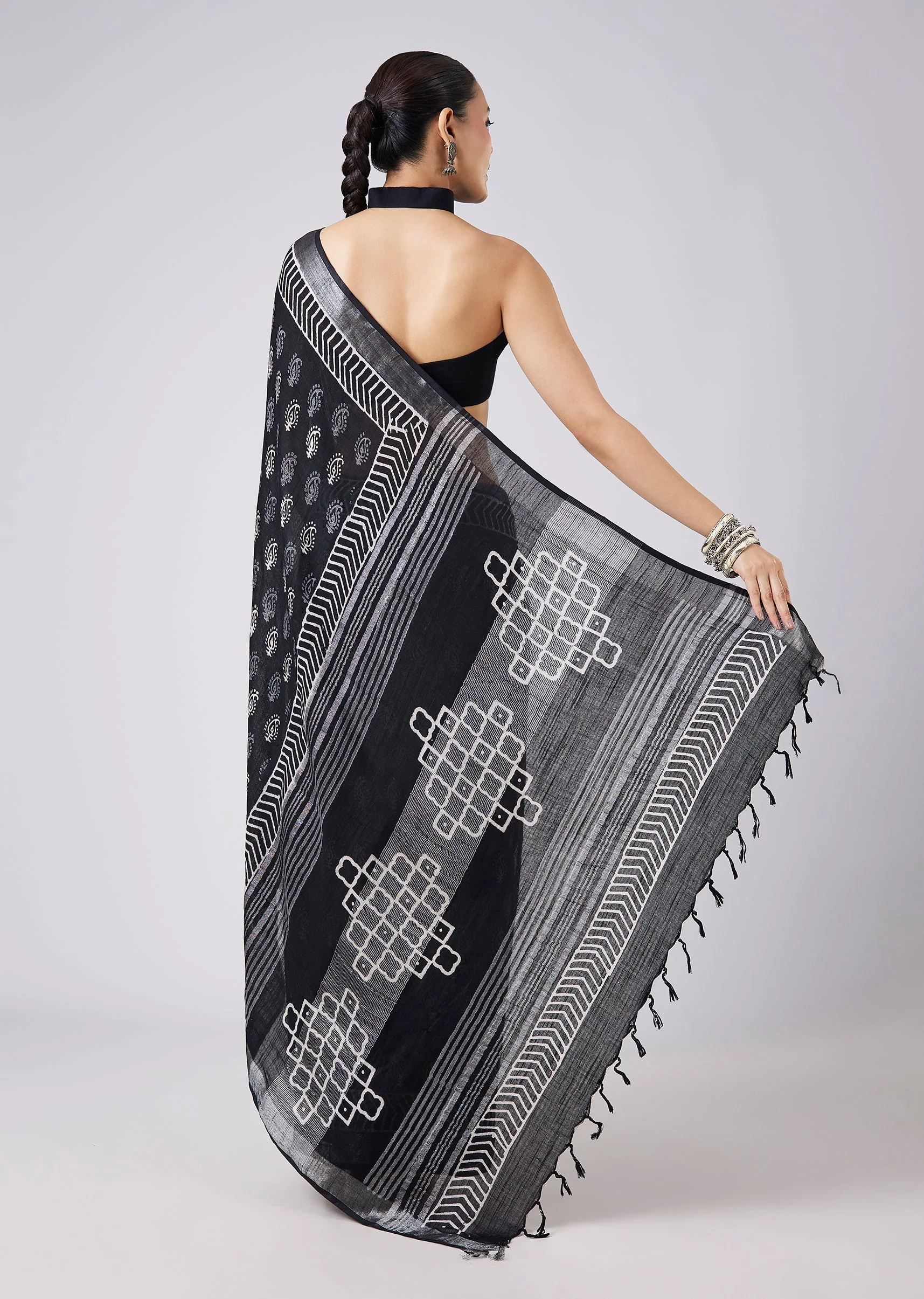 Black Block Printed Tassel Border Saree with Unstitched Blouse - Image 4