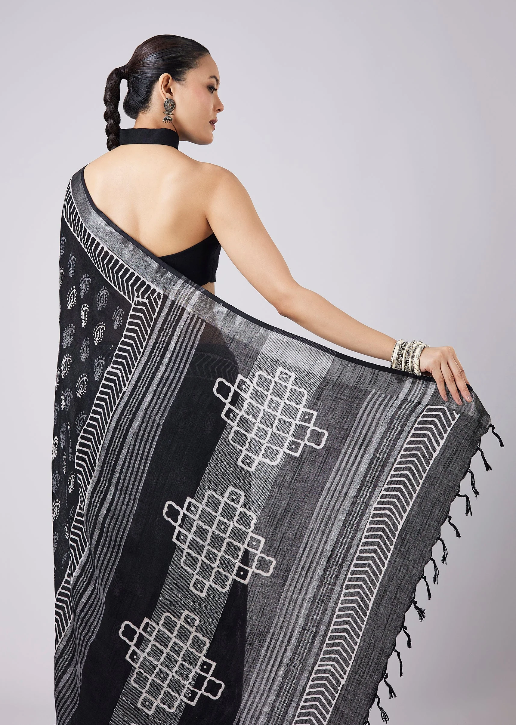 Black Block Printed Tassel Border Saree with Unstitched Blouse - Image 6