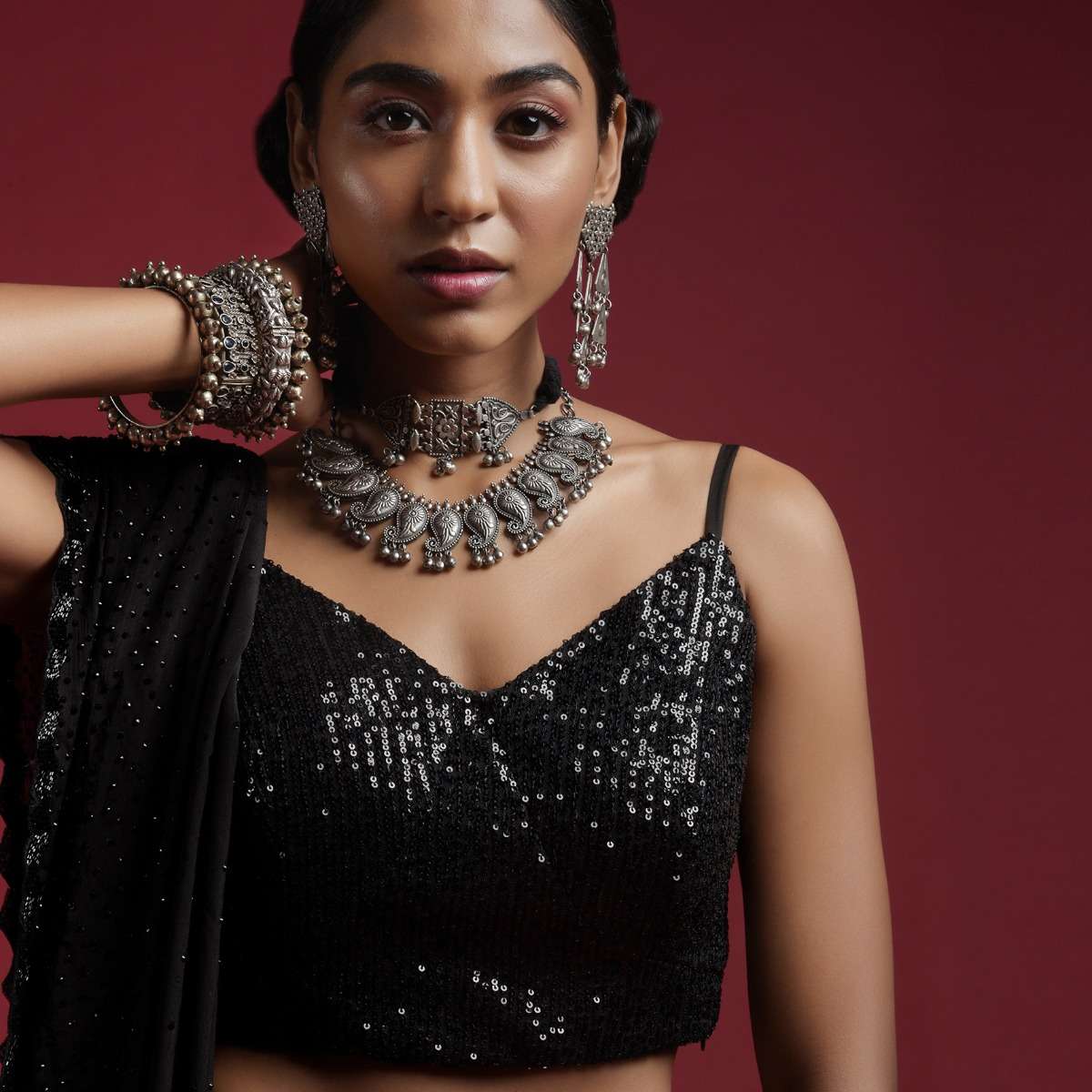 Black Blouse Embellished In Sequins With Strap Sleeves And V Neckline - Image 2